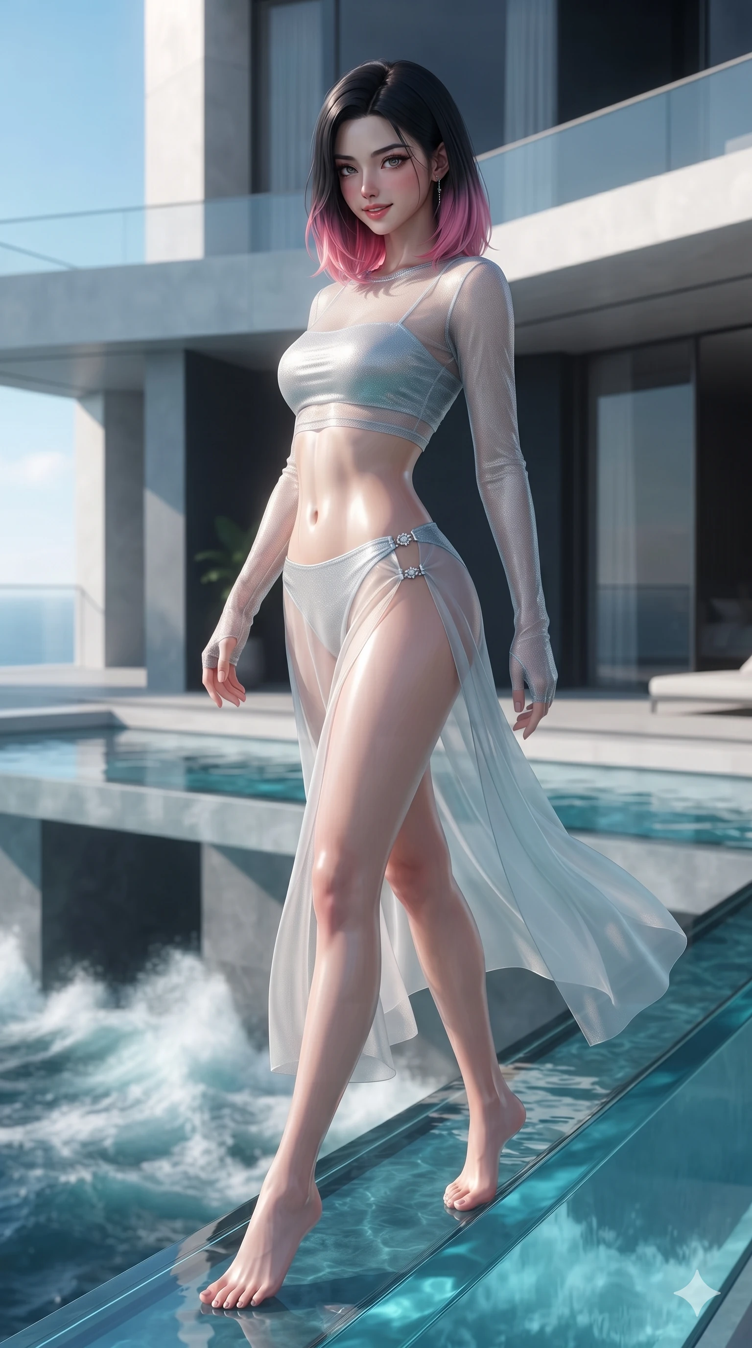 score_9, masterpiece, best quality, ultra-detailed, high-budget anime keyframe, editorial fashion photography, tasteful artistic composition, Korean woman. close-up cowboy shot from the waist and thighs up, the character dominates the composition, filling the frame with her large presence. twisting her slender torso in a deep contrapposto stance, hips dramatically shifted to accentuate her feminine curves while looking past her shoulder with smoldering bedroom-eyes while walking slowly along the suspended glass pool edge, looking back over her shoulder with an air of effortless grace and an alluring, smoldering smile as the sea churns 300 feet below her transparent feet. The surrounding environment is rendered in vivid detail and crisp panoramic clarity: detailed liquid metallic lamé swim dress tailoring, hip-high side cutouts, and monumental luxury architecture in razor-sharp precision. She has an exceptionally elegant, slender, and willowy female figure with an ultra-slim waist, flat toned midriff, narrow ribcage, and sculpted feminine hips creating an alluring, slim hourglass silhouette without bulk. sharp v-shaped jawline, high-bridge nose, sparkling eyes with hypnotic seductive depth, thick curled eyelashes, glossy parted lips with a natural dewy peach sheen, alluring bedroom-eyes with an enchanting coquettish smile, exuding magnetic siren charisma and sophisticated glamour, flawlessly proportioned anatomical accuracy, strict slender model proportions, natural body alignment, perfectly sculpted long slender limbs, ultra-slim waistline, clean dynamic posture without body distortion. wearing a sheer gossamer mesh long-sleeve rashguard crop top layered over an opaque strappy bandeau and low-waisted briefs in shimmering silver mercury and sunlit seafoam pearl, made of sheer gossamer chiffon that drapes softly against skin with airy translucence, finished with an ultra-high side slit secured by miniature jeweled clasps, the glove-like clinging cut tightly following the natural contour of her hips and long slender legs with youthful 8.5-heads elegance. illuminated by pool water bottom bounce and sharp gold-cyan rim lights defining her razor-sharp jawline, narrow waist, and curvy hips. ultra-reflective glossy finish, specular highlights, rich textural contrasts, high-contrast stereoscopic depth, volumetric dynamic lighting, 2k, ultra detail, master piece, 9:16 ratio