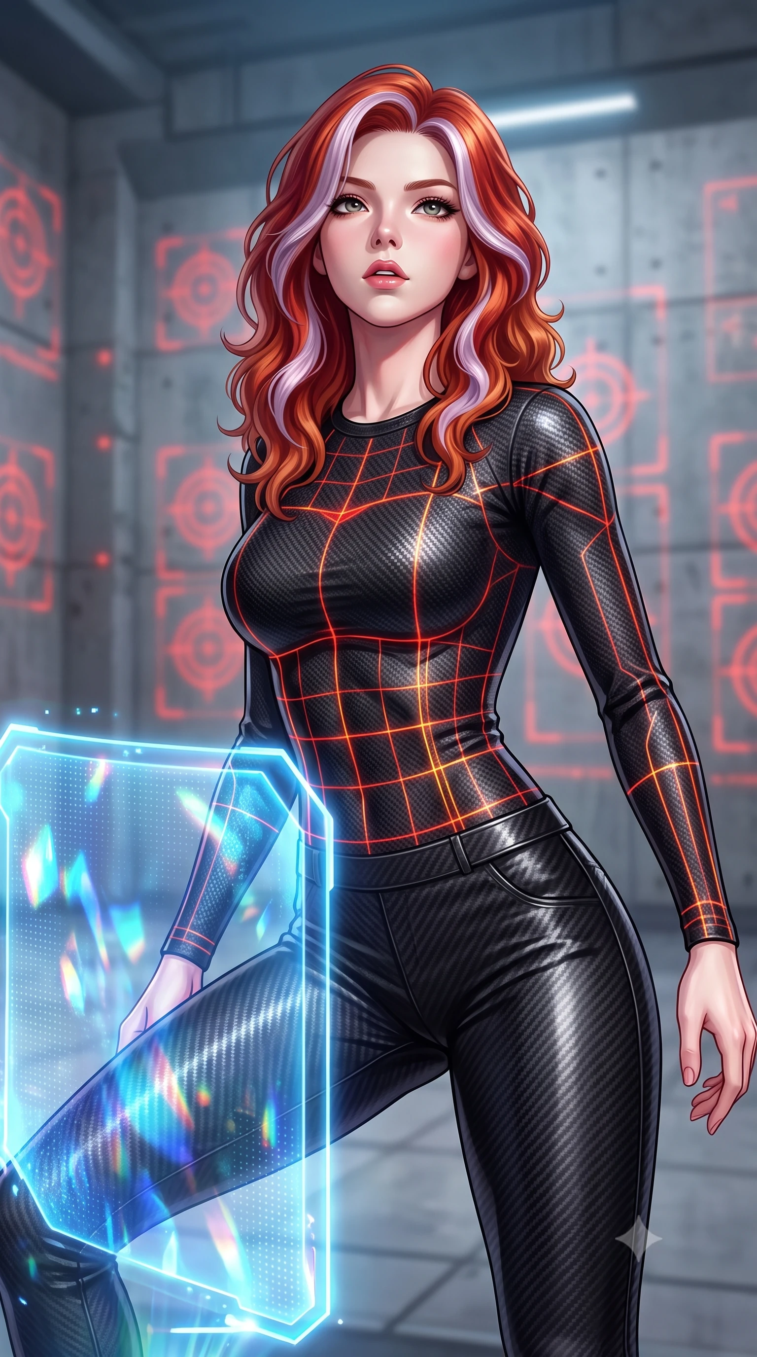 score_9, masterpiece, best quality, ultra-detailed, high-budget anime keyframe, editorial fashion photography, tasteful artistic composition, Caucasian woman. close-up cowboy shot from the waist and thighs up, the character dominates the composition, filling the frame with her large presence, background elements kept in soft focus. crouching slightly behind a glowing holographic shield emitter, looking up with defiance and lips slightly parted, the background shows a soft-focus a tactical training grid with red target outlines projecting onto the walls. She has an exceptionally elegant, slender, and willowy female figure with an ultra-slim waist, a gracefully sculpted slender torso, and a refined silhouette. sharp v-shaped jawline, high-bridge nose, intricate jewel-like eyes with depth, thick eyelashes, glossy lips with a natural sheen. wearing a slim-fit form-fitting carbon-weave long-sleeve top paired with tight-fitting black carbon-fiber pants. shifting red and orange warning gridlines tracing her athletic, slender torso. highly saturated vibrant anime colors, detailed shading with soft gradients, rich glossy textures, high-contrast stereoscopic depth, volumetric dynamic lighting, master piece, 9:16 ratio