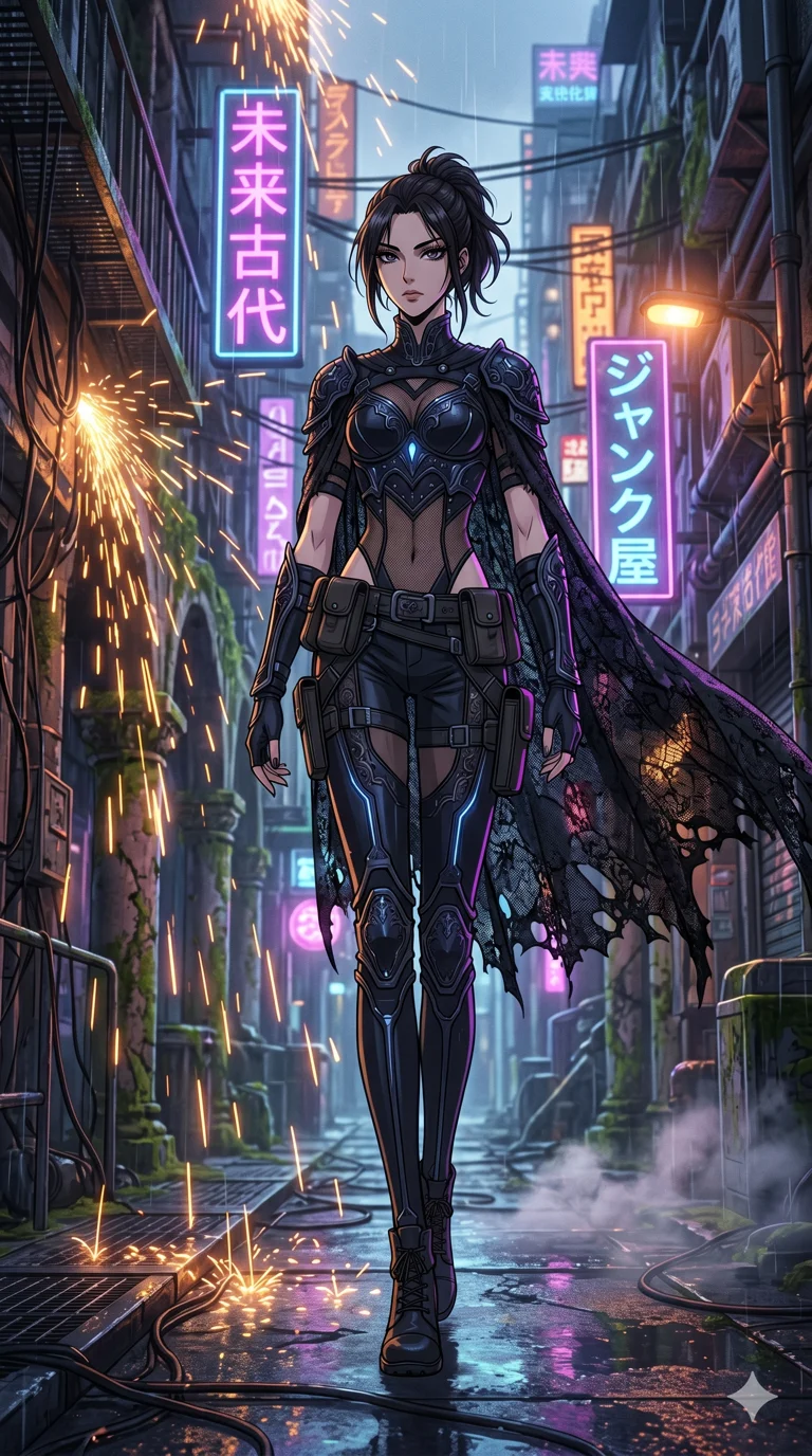 score_9, masterpiece, best quality, ultra-detailed, high-budget anime movie keyframe, cinematic anime lighting, intricate line art, Japanese woman. Low angle cowboy shot filling the entire 9:16 frame with her statuesque presence. exploring lost ruins in a neon-lit cyberpunk alleyway in a storm of sparks. She has an absolutely perfect 8-heads proportion, an exceptionally tall and slender female figure with an ultra-slim waist and impossibly long slender legs. sharp v-shaped jawline, high-bridge nose, intricate jewel-like eyes, thick eyelashes, glossy lips. Wearing dark fantasy gothic leather armor with ornate obsidian plates, a tattered lace cape, and sheer mesh cut-outs at the midriff, exuding a mysterious allure. The scene is illuminated by dramatic atmospheric lighting and vibrant color palettes. , 2k, ultra detail, master piece, 9:16 ratio