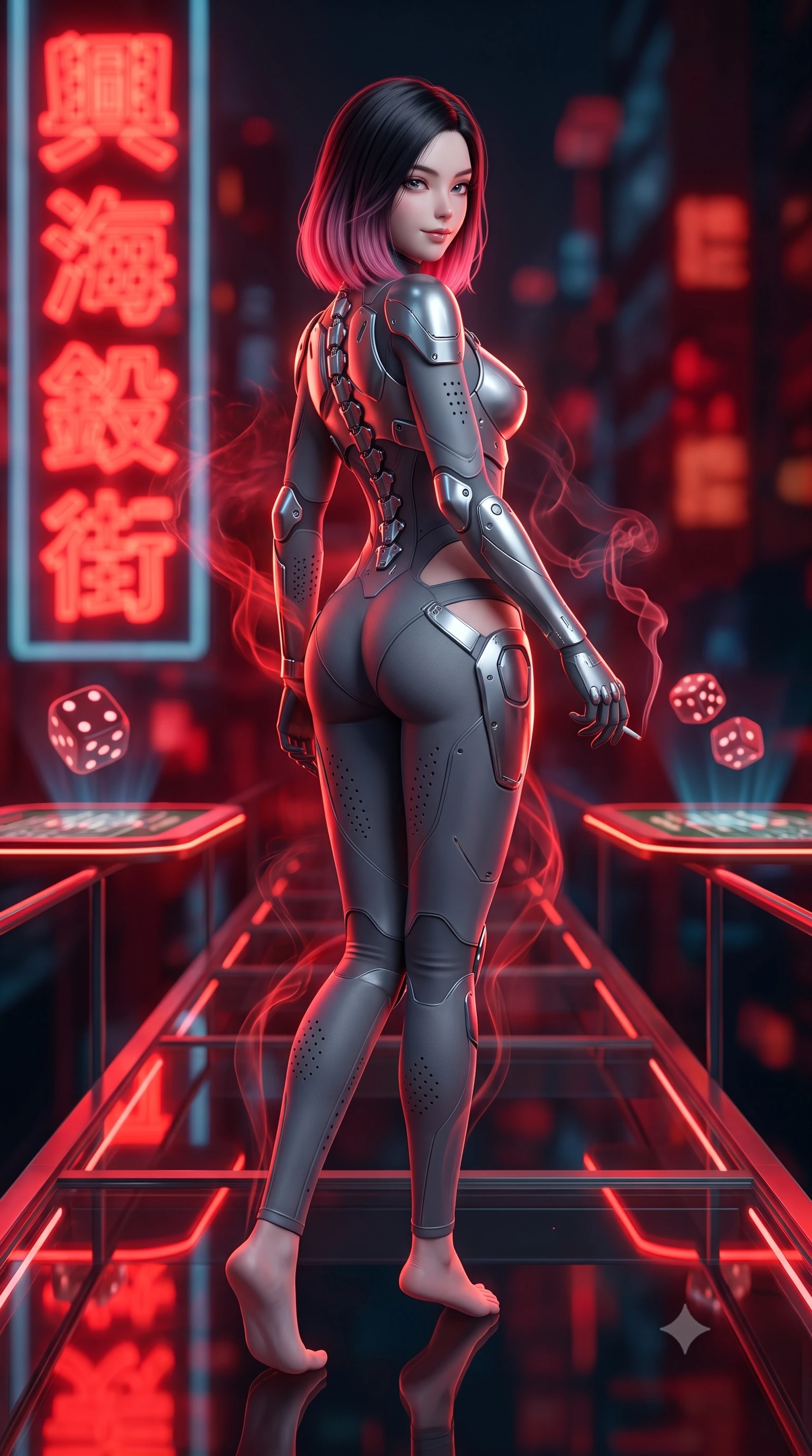 score_9, masterpiece, best quality, ultra-detailed, high-budget anime keyframe, semi-realistic 3D game render, editorial fashion photography, tasteful artistic composition, Korean woman. low angle full-body shot from head to toe showing her feet, filling the entire 9:16 vertical frame with her statuesque presence, stretching her vertical silhouette. walking slowly along the transparent glass skybridge, looking back over her shoulder with an air of effortless grace and an alluring, smoldering smile while twisting her slender torso in an alluring S-curve, swirling crimson light and cigarette smoke tracing her tight suit and hourglass curves. The background shows a soft-focus massive vertical red neon kanji signs and floating holographic dice tables blurred into deep scarlet, vermilion, and obsidian bokeh. She has an absolutely perfect, statuesque 8.5-heads proportion, an exceptionally tall and slender model-like female figure with impossibly long slender legs, an ultra-slim waist, a flat toned midriff, narrow delicate ribcage, and beautifully sculpted feminine hips creating a graceful, slim hourglass silhouette without any bulky heaviness. sharp v-shaped jawline, high-bridge nose, intricate jewel-like sparkling eyes with depth, thick eyelashes, glossy parted lips with a natural sheen, bright confident smile with an enchanting and coquettish sensual glint, exuding both youthful magnetic charm and sovereign high-tech allure, flawlessly proportioned anatomical accuracy, strict slender model proportions, natural body alignment, perfectly sculpted long slender limbs, ultra-slim waistline, clean dynamic posture without body distortion. wearing a sculpted titanium-alloy breastplate bodice worn over an ultra-tight matte stretch bodysuit with side hip cutouts in reflective liquid mercury and matte phantom grey, made of high-grade ballistic nylon with precision laser-cut perforations, accented with strategically placed chrome armor plate guards covering key curves, the form-fitting tactical tailoring adhering flawlessly to her sculpted flat midriff and slender torso, emphasizing her long leg lines and perfectly proportioned willowy build. illuminated by glowing table surfaces and sharp scarlet rim lights carving her sculpted collarbones, ultra-slim waist, and curvy hips. highly saturated vibrant anime colors, detailed shading with soft gradients, rich glossy textures, high-contrast stereoscopic depth, volumetric dynamic lighting, master piece, 9:16 ratio