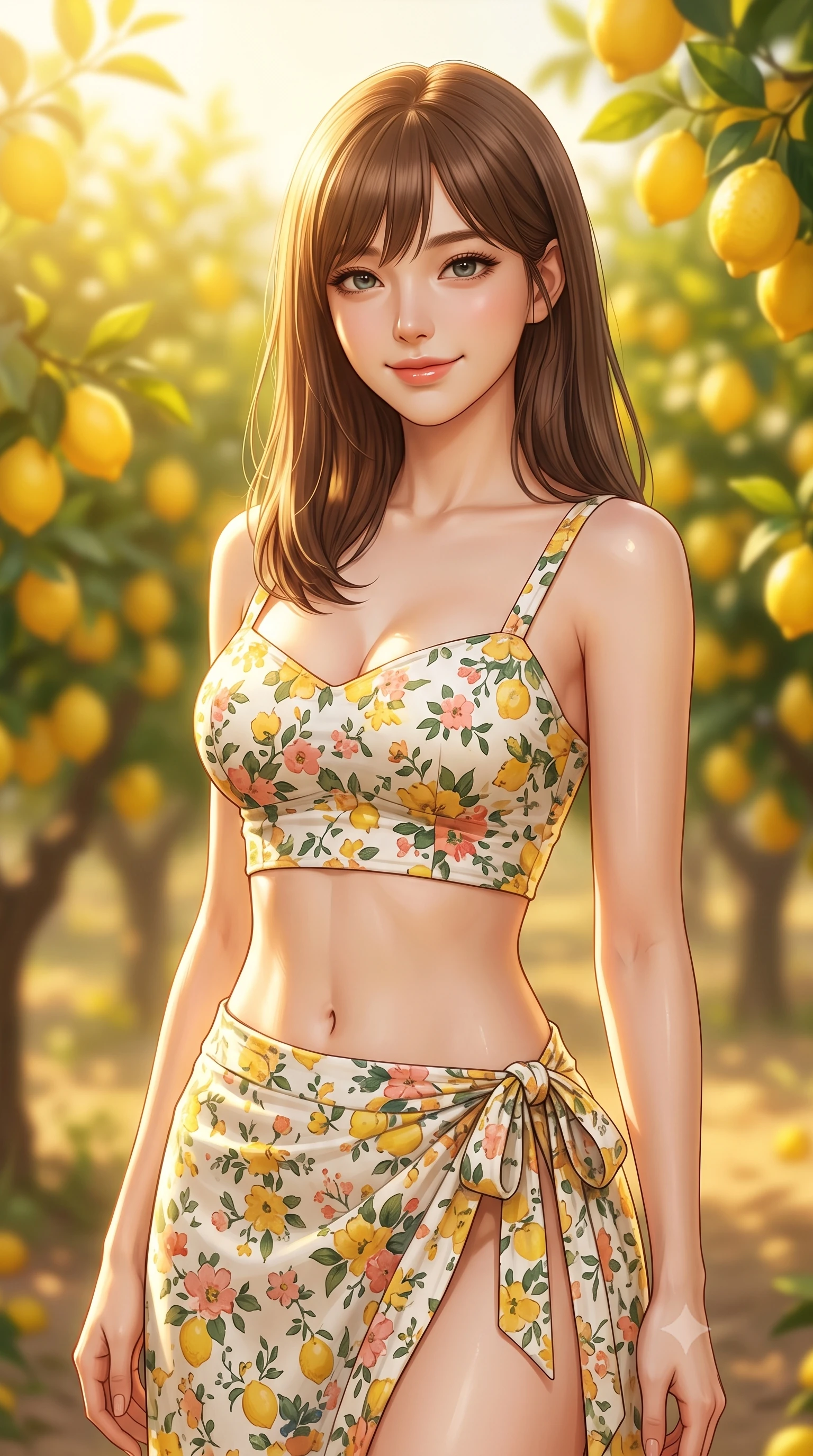 score_9, masterpiece, best quality, ultra-detailed, high-budget anime keyframe, editorial fashion photography, tasteful artistic composition, Korean woman woman. close-up cowboy shot from the waist and thighs up, the character dominates the composition, filling the frame with her large presence, background elements kept in soft focus. tilting her head slightly with a gentle, friendly smile under the warm sun the background shows a soft-focus an orchard of lemon trees heavy with ripe yellow fruit, in a Mediterranean field. She has an exceptionally elegant, slender, and willowy female figure with an ultra-slim waist, a gracefully sculpted slender torso, and a refined silhouette. sharp v-shaped jawline, high-bridge nose, intricate jewel-like eyes with depth, thick eyelashes, glossy lips with a natural sheen. wearing a body-hugging summer vacation crop top and wrap skirt set in floral print cotton, showing her slim waist. bright lemon-yellow sunlight bathing the orchard in a warm glow. 2k, ultra detail, master piece, 9:16 ratio