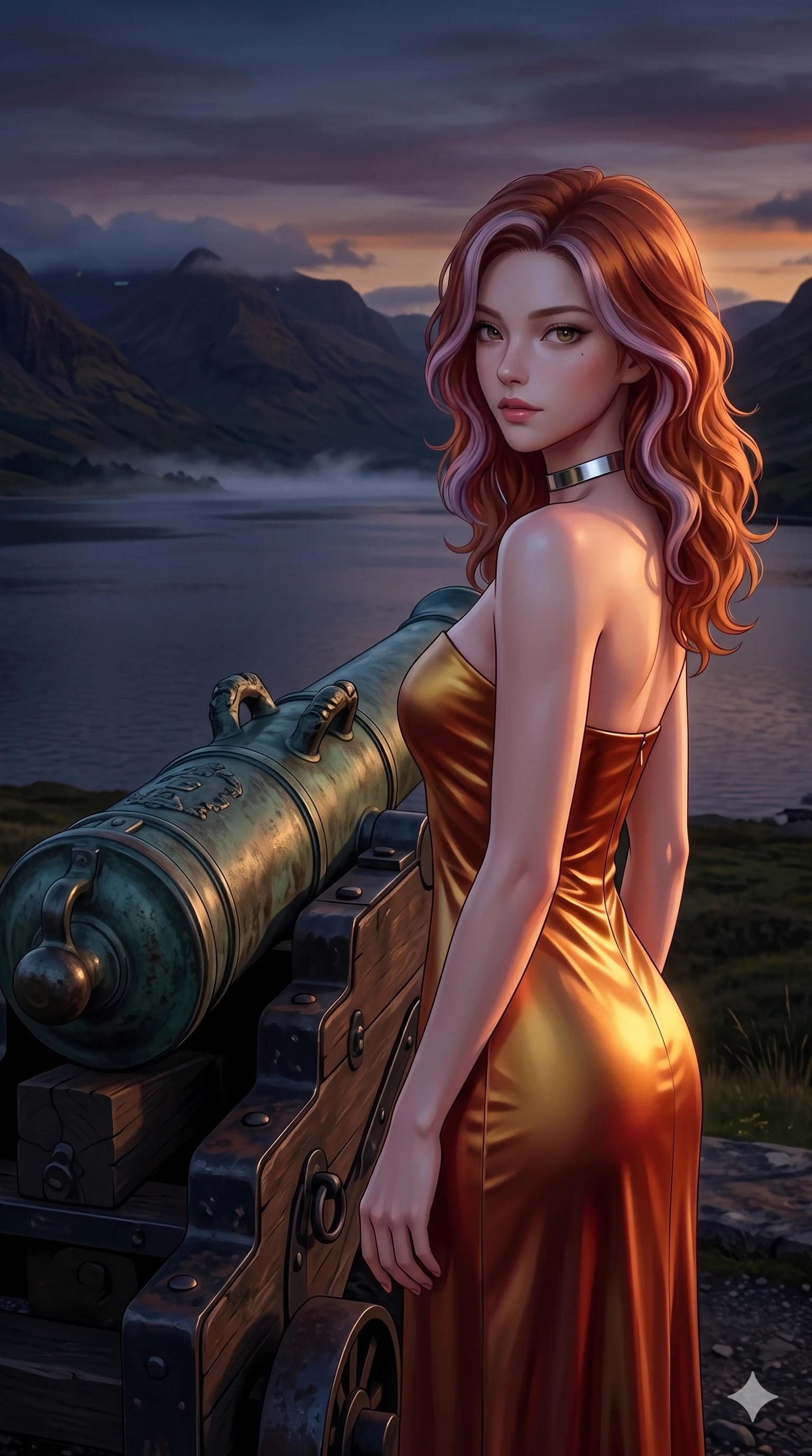score_9, masterpiece, best quality, ultra-detailed, high-budget anime keyframe, semi-realistic 3D game render, editorial fashion photography, tasteful artistic composition, Caucasian woman. close-up cowboy shot from the waist and thighs up, the character dominates the composition, filling the frame with her large presence. posing in an alluring rear three-quarter angle, looking over a bare shoulder with parted glossy lips, her hips cocked back to highlight her slim hourglass curve while standing tall beside an ancient bronze cannon, arching her back with sovereign supermodel poise against the dramatic Highland horizon. The composition keeps background elements in soft focus with creamy bokeh: deep loch waters reflecting broken sky fragments, distant craggy mountain crests, and rain-swept flagstones blurred into slate, indigo, and silver bokeh. She has an exceptionally elegant, slender, and willowy female figure with an ultra-slim waist, flat toned midriff, narrow ribcage, and sculpted feminine hips creating an alluring, slim hourglass silhouette without bulk. sharp v-shaped jawline, high-bridge nose, intricate jewel-like eyes with depth, thick eyelashes, glossy parted lips with a natural sheen, intensely captivating and seductive bedroom-eyes expression, flawlessly proportioned anatomical accuracy, strict slender model proportions, natural body alignment, perfectly sculpted long slender limbs, ultra-slim waistline, clean dynamic posture without body distortion. wearing a strapless column evening dress in heavy stretch silk with subtle boned bustier support and side slit in molten desert gold and burnt terracotta, crafted from fluid liquid silk satin that clings smoothly to her narrow waist and rounded hips with a dewy sheen, finished with a minimalist chrome choker and a single teardrop diamond pendant, the second-skin form-contouring cut accentuating her sculpted flat midriff, narrow delicate ribcage, and gracefully curvy hips with supermodel precision. bathed in high-contrast dramatic sky illumination with crisp silver rim lights sculpting her jawline, narrow waist, and curvy hips. highly saturated vibrant anime colors, detailed shading with soft gradients, rich glossy textures, high-contrast stereoscopic depth, volumetric dynamic lighting, master piece, 9:16 ratio