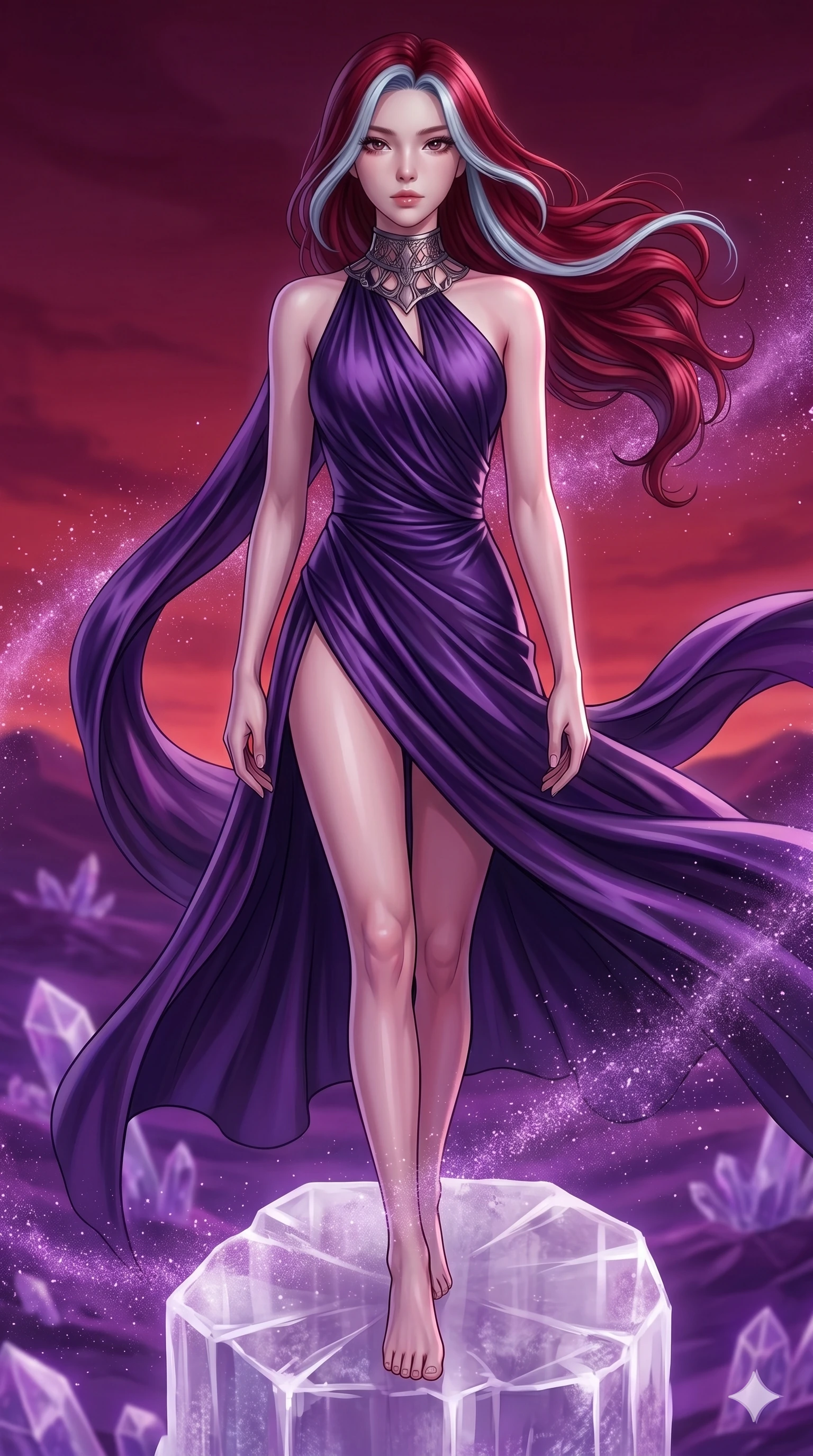 score_9, masterpiece, best quality, ultra-detailed, high-budget anime keyframe, Korean woman. upper body close-up from the thighs up, character filling the screen for maximum presence. standing atop a transparent salt crystal tower in a purple crystalline desert as winds blow shimmering purple dust under a crimson sunset. She has an absolutely perfect 8-heads proportion, an exceptionally tall and slender female figure with impossibly long slender legs and an ultra-slim waist. V-shaped jawline, high-bridge nose, intricate jewel-like eyes with depth, thick eyelashes, glossy lips with a natural sheen.. wearing a gothic liquid silk gown, featuring a deep purple liquid silk maxi gown draped around her, secured by a metallic choker collar, with a high side slit. lit by a soft glowing ambient light and a sharp side key light that traces the sleek contours of her athletic build. 2k, ultra detail, master piece, 9:16 ratio