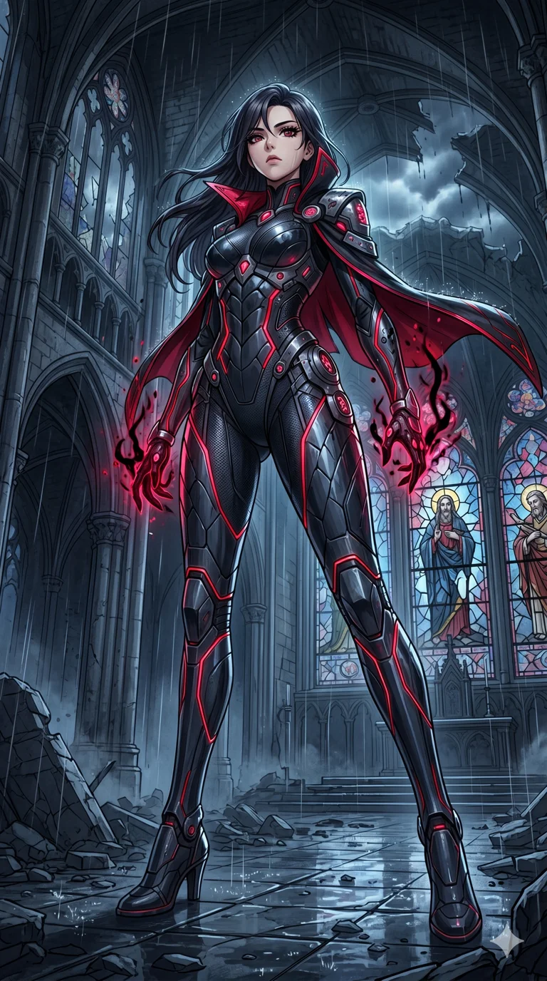 score_9, masterpiece, best quality, ultra-detailed, High-budget Anime Keyframe, beautiful Korean anime girl. Low angle cowboy shot filling the entire 9:16 frame with her statuesque presence. Standing in a crumbling cathedral as black holy water rains from the ceiling, her hands glowing with dark power. She has an absolutely perfect 8-heads proportion, an exceptionally tall and slender female figure with impossibly long slender legs and an ultra-slim waist. Sharp v-shaped jawline, high-bridge nose, intricate jewel-like eyes with depth, thick eyelashes, glossy lips with a natural sheen. Wearing a Tech-Fantasy outfit: cybernetic bodysuit with glowing crimson seams and obsidian-glass scales. Background is a shattered stained-glass hall with falling debris and a dark, ominous atmosphere. 2k, ultra detail, master piece, 9:16 ratio