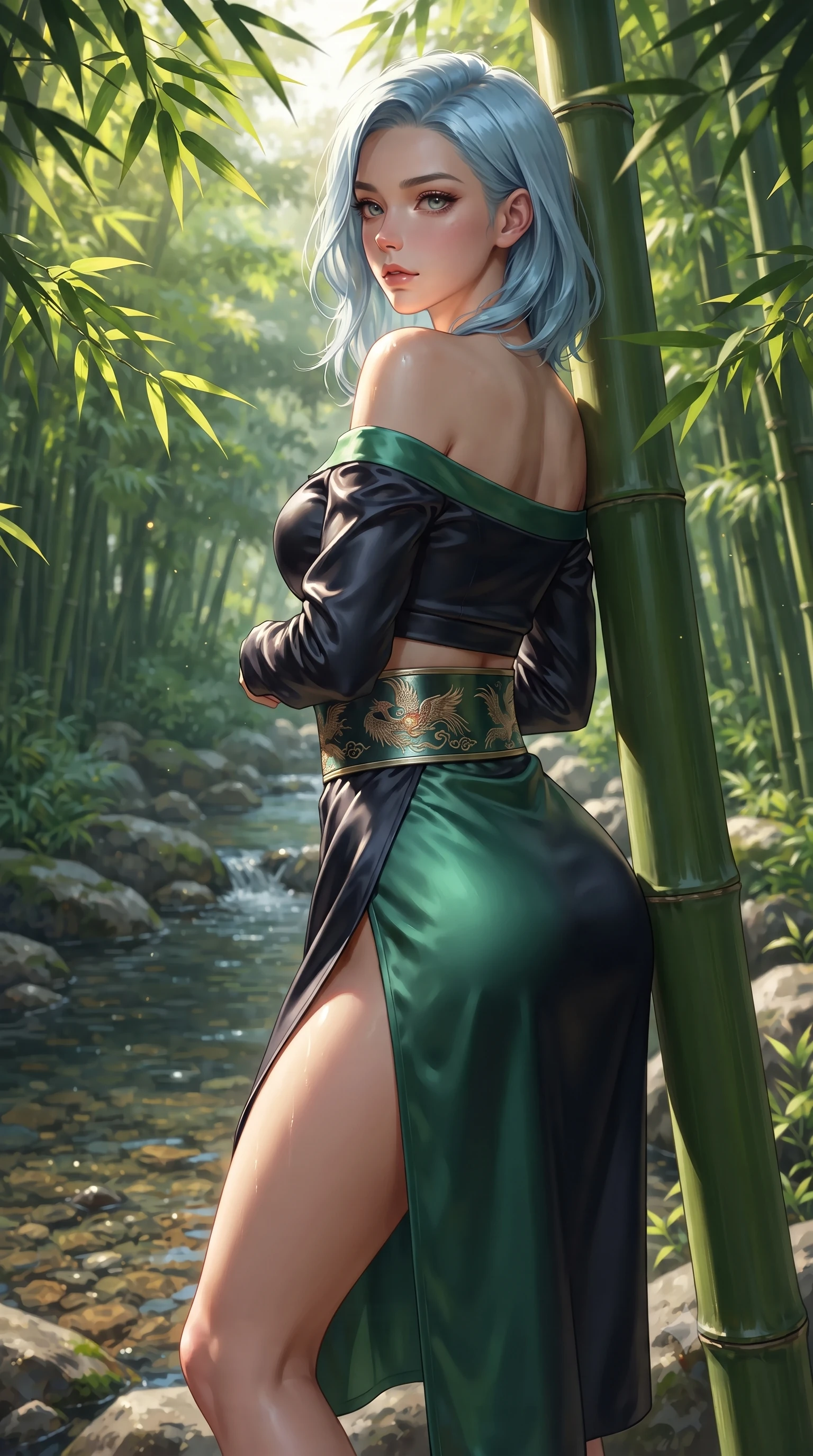 score_9, masterpiece, best quality, ultra-detailed, high-budget anime keyframe, editorial fashion photography, tasteful artistic composition, Korean woman. close-up cowboy shot from the waist and thighs up, the character dominates the composition, filling the frame with her large presence. posing in an alluring rear three-quarter angle, turning over a bare shoulder with an intoxicating gaze, her hips cocked back to highlight her slim hourglass curve while leaning against a soaring bamboo trunk with hips cocked back, looking over a bare shoulder with an enchanting, sun-drenched bedroom-gaze. The surrounding environment is rendered in vivid detail and crisp panoramic clarity: sharp granite stone texture, crystal-clear stream pebble clarity, and smooth bamboo stalk surfaces in deep focus. She has an exceptionally elegant, slender, and willowy female figure with an ultra-slim waist, flat toned midriff, narrow ribcage, and sculpted feminine hips creating an alluring, slim hourglass silhouette without bulk. sharp v-shaped jawline, high-bridge nose, intricate jewel-like dark sparkling almond eyes with depth, thick lashes, glossy parted lips with a natural rose-plum sheen, bright alluring and coquettish smile with bedroom-eyes, exuding both timeless oriental elegance and sovereign high-fashion allure, flawlessly proportioned anatomical accuracy, strict slender model proportions, natural body alignment, perfectly sculpted long slender limbs, ultra-slim waistline, clean dynamic posture without body distortion. wearing a modern two-piece fusion set with an off-shoulder crop blouse and high-slit wrap skirt tracing her curvaceous hips in deep midnight obsidian and luminous imperial jade green, crafted from heavy fluid silk satin with a liquid mirror-like sheen, finished with a wide metallic obi sash with intricate embroidered phoenix motifs, the glove-like silhouette tightly following the natural contour of her hips and long slender legs with youthful 8.5-heads elegance. bathed in dappled golden morning sunbeams filtering through dense green bamboo leaves. ultra-reflective glossy finish, specular highlights, rich textural contrasts, high-contrast stereoscopic depth, volumetric dynamic lighting, 2k, ultra detail, master piece, 9:16 ratio