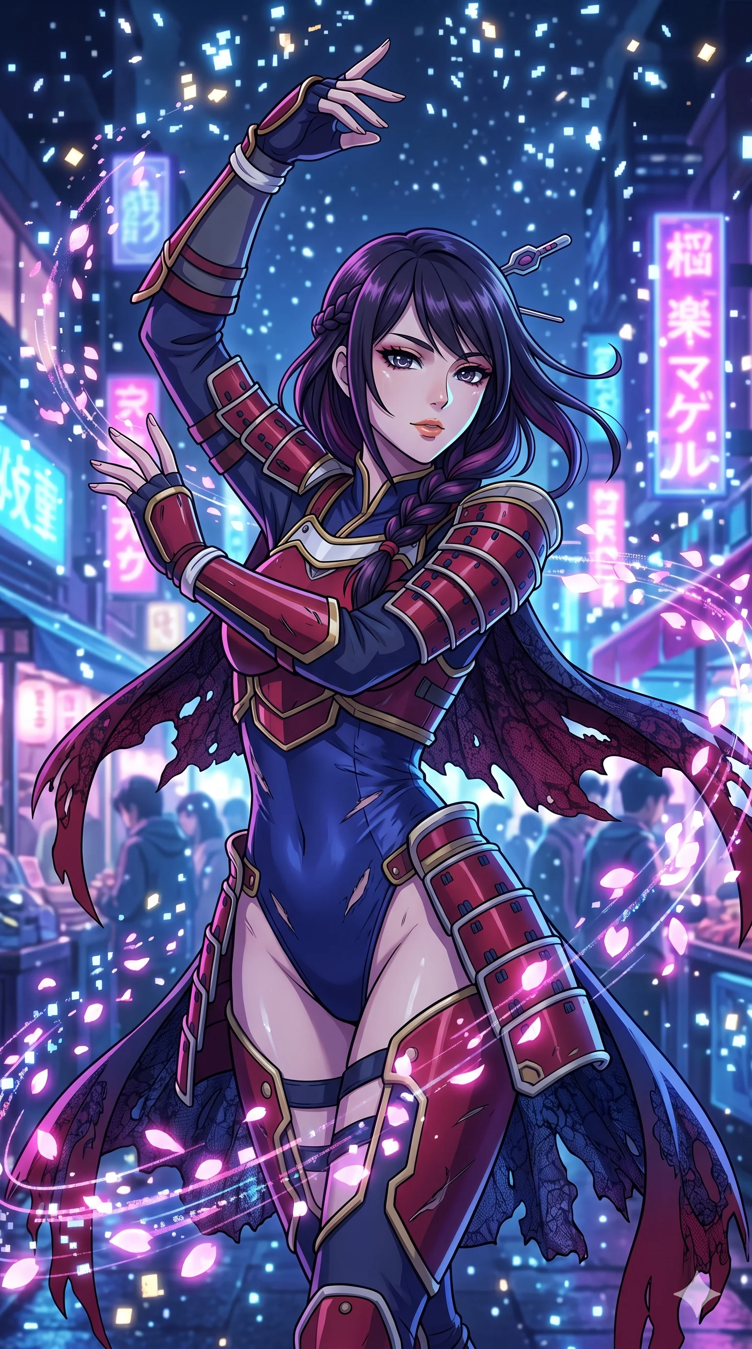 score_9, masterpiece, best quality, ultra-detailed, Set A: High-budget Anime Keyframe, Japanese woman. Upper body close-up from the thighs up, character filling the screen for maximum presence. Dancing through a futuristic night market, while a digital blizzard of 79 bits obscures the horizon and surrounded by digital sakura petals. She has an absolutely perfect 8-heads proportion, an exceptionally tall and slender female figure with impossibly long slender legs and an ultra-slim waist. Sharp v-shaped jawline, high-bridge nose, intricate jewel-like eyes with depth, thick eyelashes, glossy lips with a natural sheen. Wearing Warrior-style plate armor over a high-cut silk leotard with tattered lace capes. Cinematic lighting, vibrant colors, dramatic shadows, 2k, ultra detail, master piece, 9:16 ratio