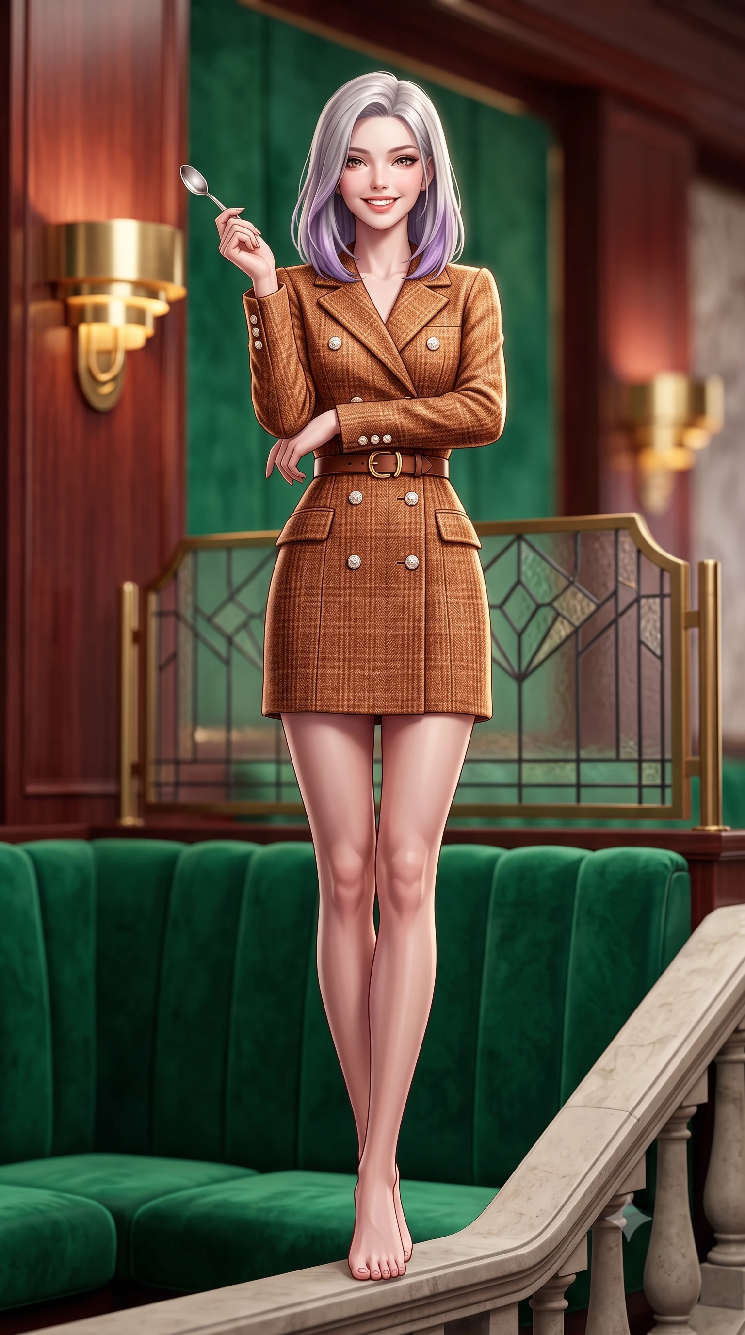 score_9, masterpiece, best quality, ultra-detailed, high-budget anime keyframe, semi-realistic 3D game render, editorial fashion photography, tasteful artistic composition, Caucasian woman. low angle full-body shot from head to toe showing her feet, filling the entire 9:16 vertical frame with her statuesque presence, stretching her vertical silhouette. standing poised beside the classical stone balustrade with one foot slightly forward, hands folded loosely before her with regal grace while perched gracefully on the edge of the velvet banquette, holding a silver dessert spoon with playful, charming elegance. The background shows a soft-focus curved brass Art Deco light sconces, geometric leaded glass screens, and polished rosewood walls blurred into emerald, brass, and rosewood bokeh. She has an exceptionally tall and slender model-like 8.5-heads proportion, an ultra-slim waist, a flat toned midriff, narrow delicate ribcage, and beautifully sculpted feminine hips creating a graceful, slim hourglass silhouette without any bulky heaviness, with impossibly long slender legs. sharp v-shaped jawline, high-bridge nose, intricate jewel-like sparkling eyes with depth, thick eyelashes, glossy parted lips with a natural peach sheen, bright cheerful beaming smile with an enchanting and coquettish sensual glint, exuding both youthful cute charm and seductive allure, flawlessly proportioned anatomical accuracy, strict slender model proportions, natural body alignment, perfectly sculpted long slender limbs, ultra-slim waistline, clean dynamic posture without body distortion. wearing a structured double-breasted tweed dress with notched lapels, long sleeves, and decorative mother-of-pearl buttons in warm winter cinnamon and toasted caramel, crafted from rich cotton velvet with deep light-absorbing pile and soft gradients, finished with a smooth equestrian bridle-leather belt with a polished brass horseshoe buckle, the structured cinched belt emphasizing her narrow waistline and gracefully balanced proportions with timeless haute-couture polish. illuminated by rosewood wall and brass reflection bounce with crisp champagne rim lights defining her cheekbones and slender waist. highly saturated vibrant anime colors, detailed shading with soft gradients, rich glossy textures, high-contrast stereoscopic depth, volumetric dynamic lighting, master piece, 9:16 ratio