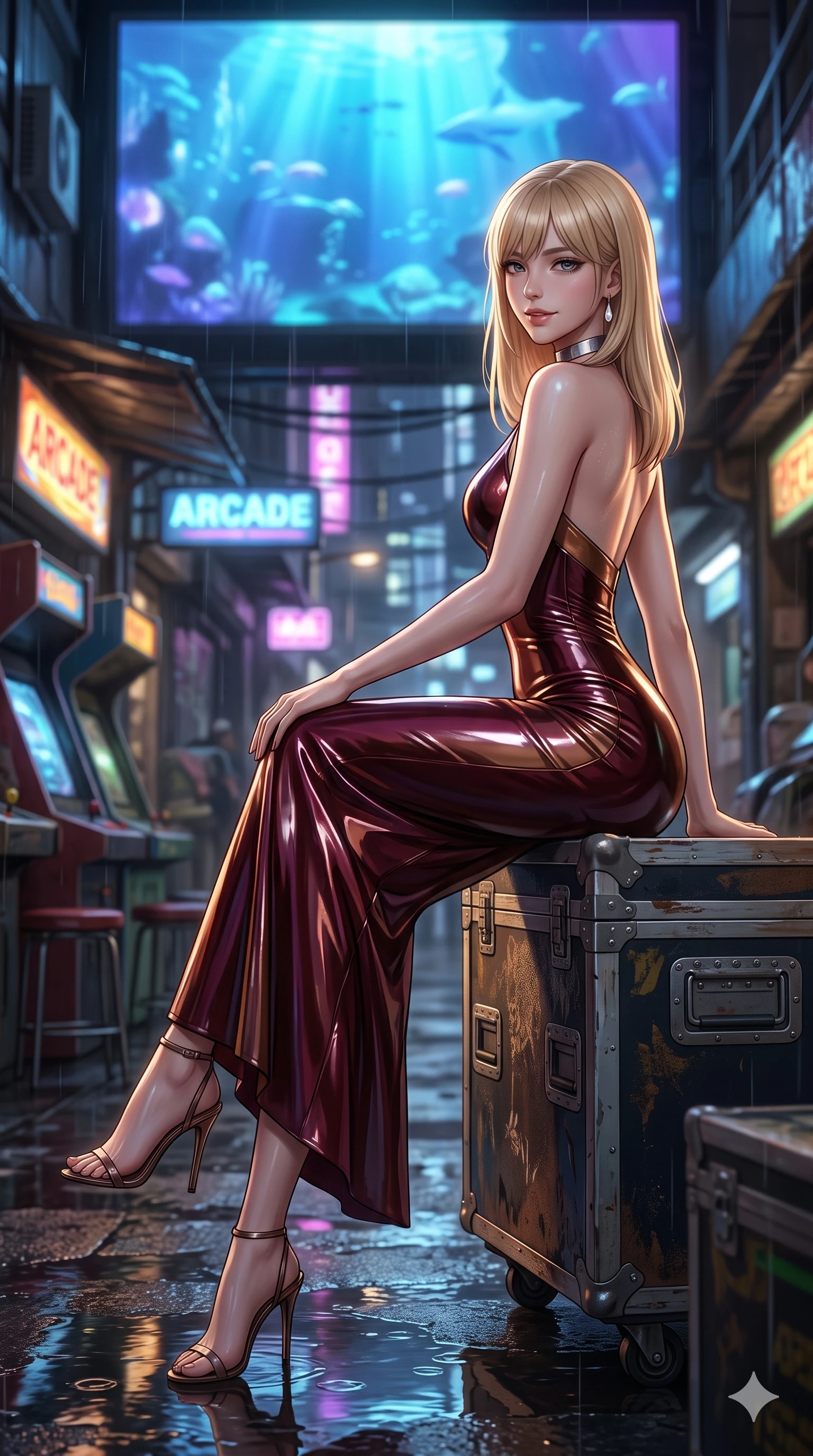 score_9, masterpiece, best quality, ultra-detailed, high-budget anime keyframe, editorial fashion photography, tasteful artistic composition, Japanese woman. low angle full-body shot from head to toe showing her feet, filling the entire 9:16 vertical frame with her statuesque presence, stretching her vertical silhouette. walking along the terrace with poise, looking back over her bare shoulder with an irresistible smoldering bedroom-gaze while sitting gracefully on the arcade equipment case with legs crossed, flashing an enchanting smile with parted glossy lips. The background shows a soft-focus rain puddles reflecting arcade signs softened in cyberpunk market alley shallow focus. She has an exceptionally tall and slender model-like 8.5-heads proportion, an ultra-slim waist, a flat toned midriff, narrow delicate ribcage, and beautifully sculpted feminine hips creating a graceful, slim hourglass silhouette without any bulky heaviness, with impossibly long slender legs. sharp v-shaped jawline, high-bridge nose, intricate jewel-like sparkling eyes with depth, thick eyelashes, glossy parted lips with a natural peach sheen, bright cheerful beaming smile with an enchanting and coquettish sensual glint, exuding both youthful cute charm and seductive allure, flawlessly proportioned anatomical accuracy, strict slender model proportions, natural body alignment, perfectly sculpted long slender limbs, ultra-slim waistline, clean dynamic posture without body distortion. wearing a form-fitting liquid mercury jersey evening dress clinging smoothly to her narrow waist and rounded hips in deep burgundy and bronze accents, tailored from high-gloss patent leather with mirror-like specular highlights, finished with a minimalist chrome choker and a single teardrop diamond pendant, the glove-like clinging cut tightly following the natural contour of her hips and long slender legs with youthful 8.5-heads elegance. bathed in the glowing azure and indigo illumination of the monumental virtual aquarium billboard. ultra-reflective glossy finish, specular highlights, rich textural contrasts, high-contrast stereoscopic depth, volumetric dynamic lighting, 2k, ultra detail, master piece, 9:16 ratio