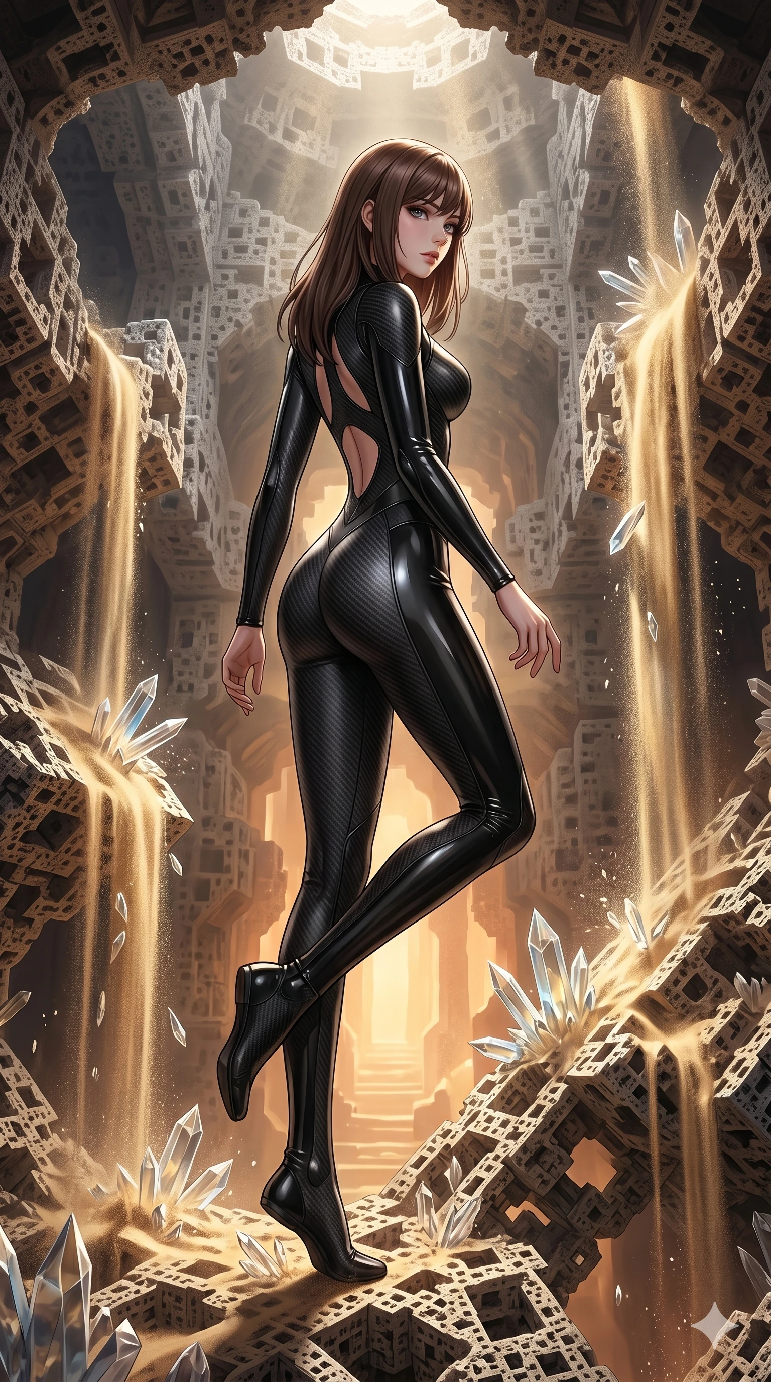 score_9, masterpiece, best quality, ultra-detailed, high-budget anime keyframe, Korean woman. low angle full-body shot filling the entire 9:16 frame with her statuesque presence, stretching the vertical silhouette. descending through a fractal quicksand temple where golden sand waterfalls transform into glass crystals, revealing intricate repeating patterns. She has an absolutely perfect 8-heads proportion, an exceptionally tall and slender female figure with impossibly long slender legs and an ultra-slim waist. V-shaped jawline, high-bridge nose, intricate jewel-like eyes with depth, thick eyelashes, glossy lips with a natural sheen.. wearing a second-skin carbon fiber combat suit, featuring matte carbon fiber and glossy latex panels with elegant slitted cutouts on the upper back. illuminated by dramatic chiaroscuro casting soft shadows along her curves, with vibrant backlighting highlighting the dust particles. 2k, ultra detail, master piece, 9:16 ratio