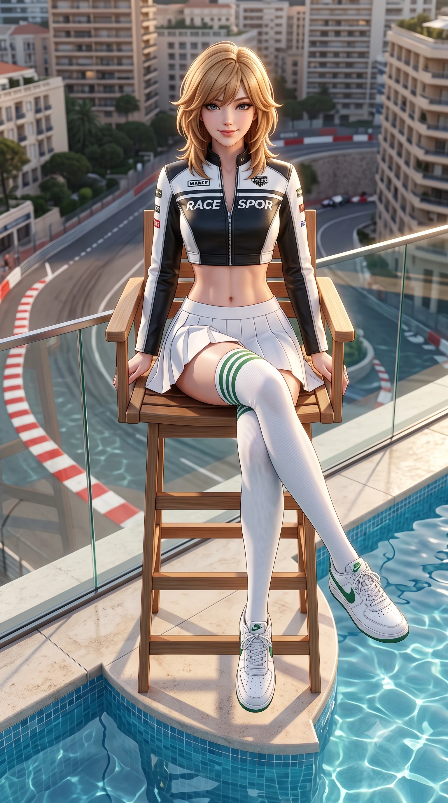score_9, masterpiece, best quality, ultra-detailed, high-budget anime keyframe, semi-realistic 3D game render, editorial fashion photography, tasteful artistic composition, Korean woman. low angle full-body shot from head to toe showing her feet, filling the entire 9:16 vertical frame with her statuesque presence, stretching her vertical silhouette. sitting perched on the elevated umpire chair with legs crossed and hips angled toward the camera, displaying her toned midriff and long slender limbs with joyful, coquettish charm while standing poised on the rooftop pool terrace directly overlooking the famous tight hairpin curve, arching her back with breathtaking glamour. The surrounding environment is rendered in vivid detail and crisp panoramic clarity: sharp red curb paint texture, glass balustrade clarity, and bubbling pool water surface ripples in deep focus. She has an absolutely perfect, statuesque 8.5-heads proportion, an exceptionally tall and slender model-like female figure with impossibly long slender legs, an ultra-slim waist, a flat toned midriff, narrow delicate ribcage, and beautifully sculpted feminine hips creating a graceful, slim hourglass silhouette without any bulky heaviness. sharp v-shaped jawline, high-bridge nose, sparkling eyes with athletic focus and depth, thick curled eyelashes, glossy parted lips with a natural coral-peach sheen, bright confident and coquettish smile with alluring bedroom-eyes, exuding both youthful sporty vigor and sovereign high-society glamour, flawlessly proportioned anatomical accuracy, strict slender model proportions, natural body alignment, perfectly sculpted long slender limbs, ultra-slim waistline, clean dynamic posture without body distortion. wearing a cropped zip-front racing leather bolero jacket paired with a micro-pleated white tennis mini-skirt and thigh-high sports socks in alpine silver platinum and forest green, tailored from ultra-soft fine cashmere yarn with an airy athletic drape, finished with criss-cross back athletic straps highlighting her graceful shoulder blades, the form-contouring athletic cut accentuating her sculpted flat midriff, narrow delicate ribcage, and gracefully curvy hips with supermodel precision. illuminated by pool water caustic bounce and sharp warm-gold rim lights sculpting her razor-sharp jawline, narrow waist, and curvy hips. highly saturated vibrant anime colors, detailed shading with soft gradients, rich glossy textures, high-contrast stereoscopic depth, volumetric dynamic lighting, master piece, 9:16 ratio