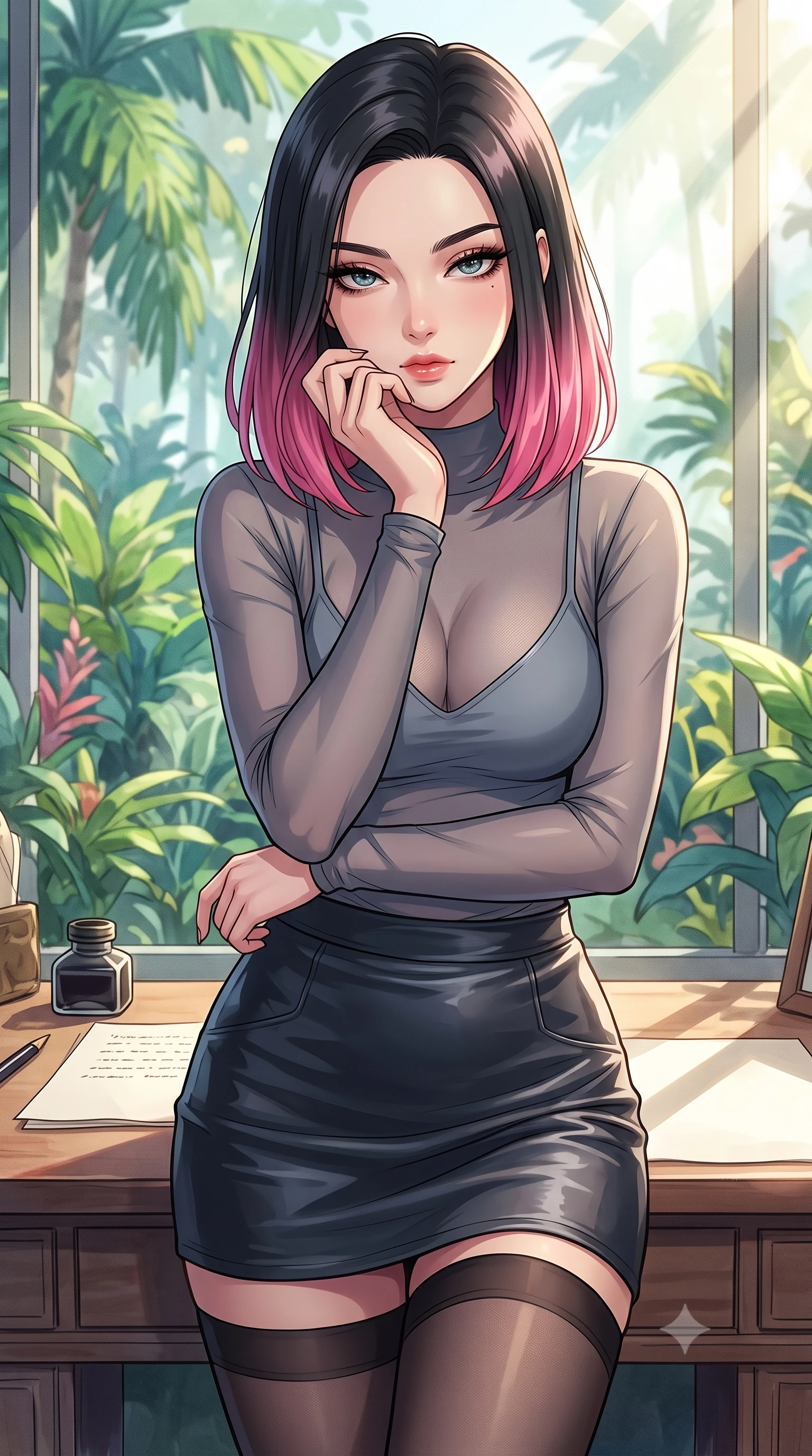 score_9, masterpiece, best quality, ultra-detailed, high-budget anime keyframe, tasteful artistic composition, Korean woman. close-up cowboy shot from the waist and thighs up, the character dominates the composition, filling the frame with her large presence, background elements kept in soft focus. resting her chin on the backs of her fingers, casting a heavy-lidded, sultry look past the camera the background shows a soft-focus a quiet writing desk in a sunroom, facing a tropical botanical garden. She has an exceptionally elegant, slender, and willowy female figure with an ultra-slim waist, a gracefully sculpted slender torso, and a refined silhouette. sharp v-shaped jawline, high-bridge nose, intricate jewel-like eyes with depth, thick eyelashes, glossy lips with a natural sheen. wearing a form-contouring semi-transparent mesh top in slate grey, paired with a leather mini skirt and sheer stockings. bright morning sun rays creating fresh and energetic shadows. highly saturated vibrant anime colors, cel-shading, 2d style, master piece, 9:16 ratio