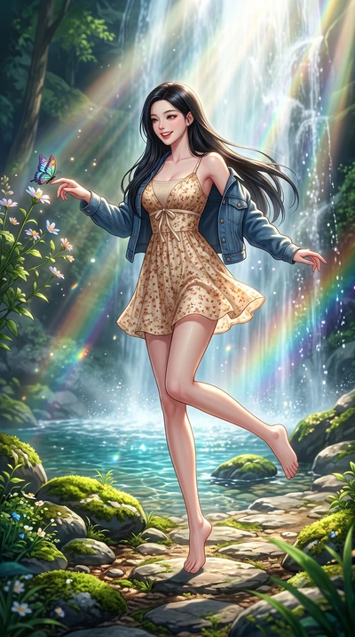 score_9, masterpiece, best quality, ultra-detailed, high-budget anime keyframe, semi-realistic 3D game render, editorial fashion photography, tasteful artistic composition, Korean woman. low angle full-body shot from head to toe showing her feet, fil