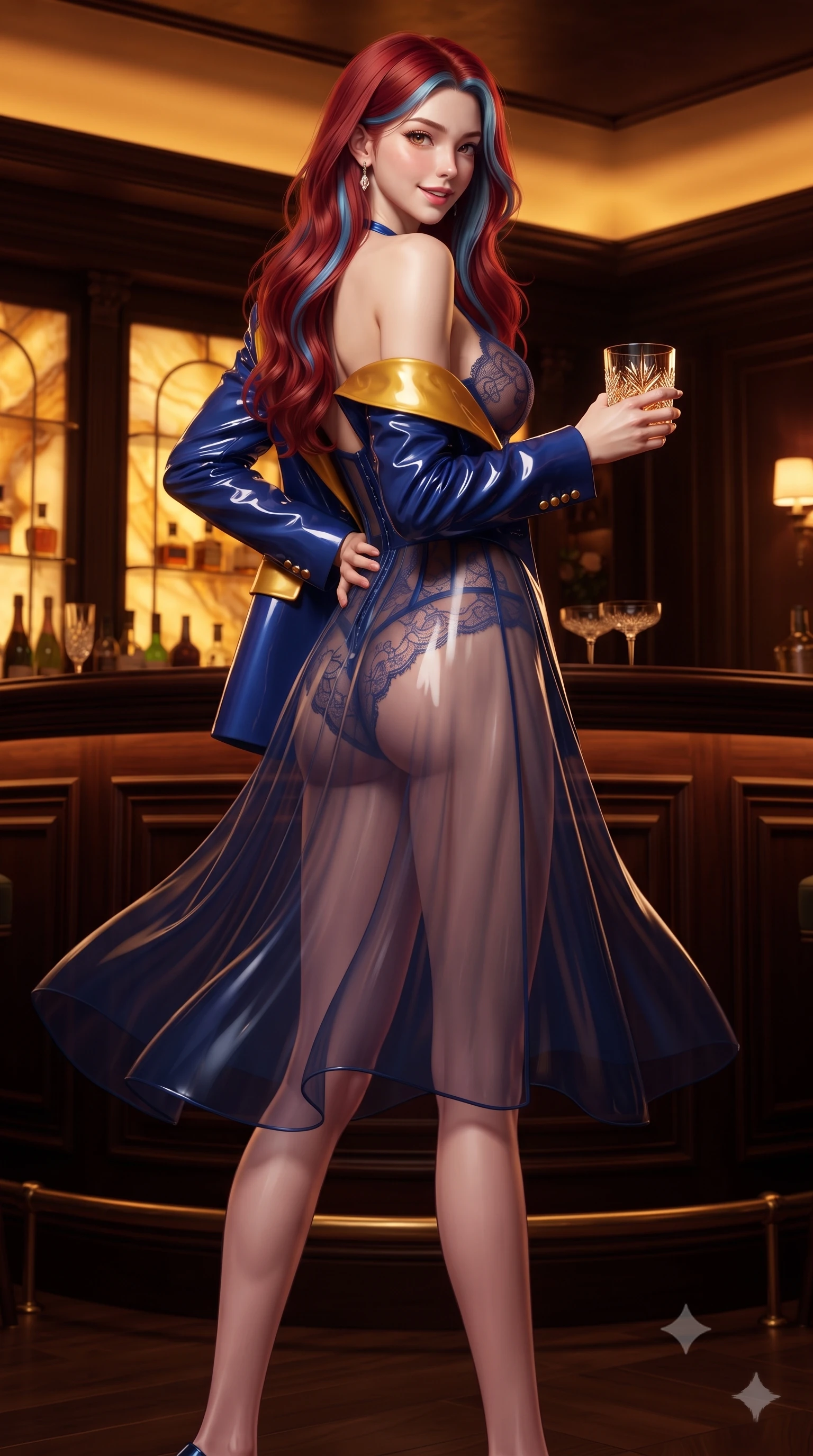 score_9, masterpiece, best quality, ultra-detailed, high-budget anime keyframe, editorial fashion photography, tasteful artistic composition, Caucasian woman. low angle full-body shot from head to toe showing her feet, filling the entire 9:16 vertical frame with her statuesque presence, stretching her vertical silhouette. executing a slow, graceful pivot turn as her skirt sways around her slender legs, glancing back with an enchanting, teasing sensual expression while standing poised at the dark mahogany bar with one hand on her hip, holding a crystal glass with sovereign femme fatale charisma. The surrounding environment is rendered in vivid detail and crisp panoramic clarity: detailed strapless boned satin corset bodice drape, low-waisted satin hot-pants, and bespoke interior craft in razor-sharp precision. She has an absolutely perfect, statuesque 8.5-heads proportion, an exceptionally tall and slender model-like female figure with impossibly long slender legs, an ultra-slim waist, a flat toned midriff, narrow delicate ribcage, and beautifully sculpted feminine hips creating a graceful, slim hourglass silhouette without any bulky heaviness. sharp v-shaped jawline, high-bridge nose, sparkling eyes with hypnotic seductive depth, thick curled eyelashes, glossy parted lips with a natural dewy peach sheen, alluring bedroom-eyes with an enchanting coquettish smile, exuding magnetic siren charisma and sophisticated glamour, flawlessly proportioned anatomical accuracy, strict slender model proportions, natural body alignment, perfectly sculpted long slender limbs, ultra-slim waistline, clean dynamic posture without body distortion. wearing a delicate sheer French Chantilly lace teddy layered under an open tailored tuxedo blazer draped over bare shoulders in Marrakesh cobalt majorelle blue and saffron gold, crafted from wet-look high-gloss vinyl fabric with dazzling specular surface reflections, finished with scalloped eyelash lace trim framing her sweetheart neckline with intimate elegance, the precision-cut side openings and low-back scoop framing her graceful spine and the sensual sweep of her slim, toned hips. bathed in intimate warm 2600K amber glow radiating from backlit honey onyx and concealed brass cove lights. ultra-reflective glossy finish, specular highlights, rich textural contrasts, high-contrast stereoscopic depth, volumetric dynamic lighting, 2k, ultra detail, master piece, 9:16 ratio
