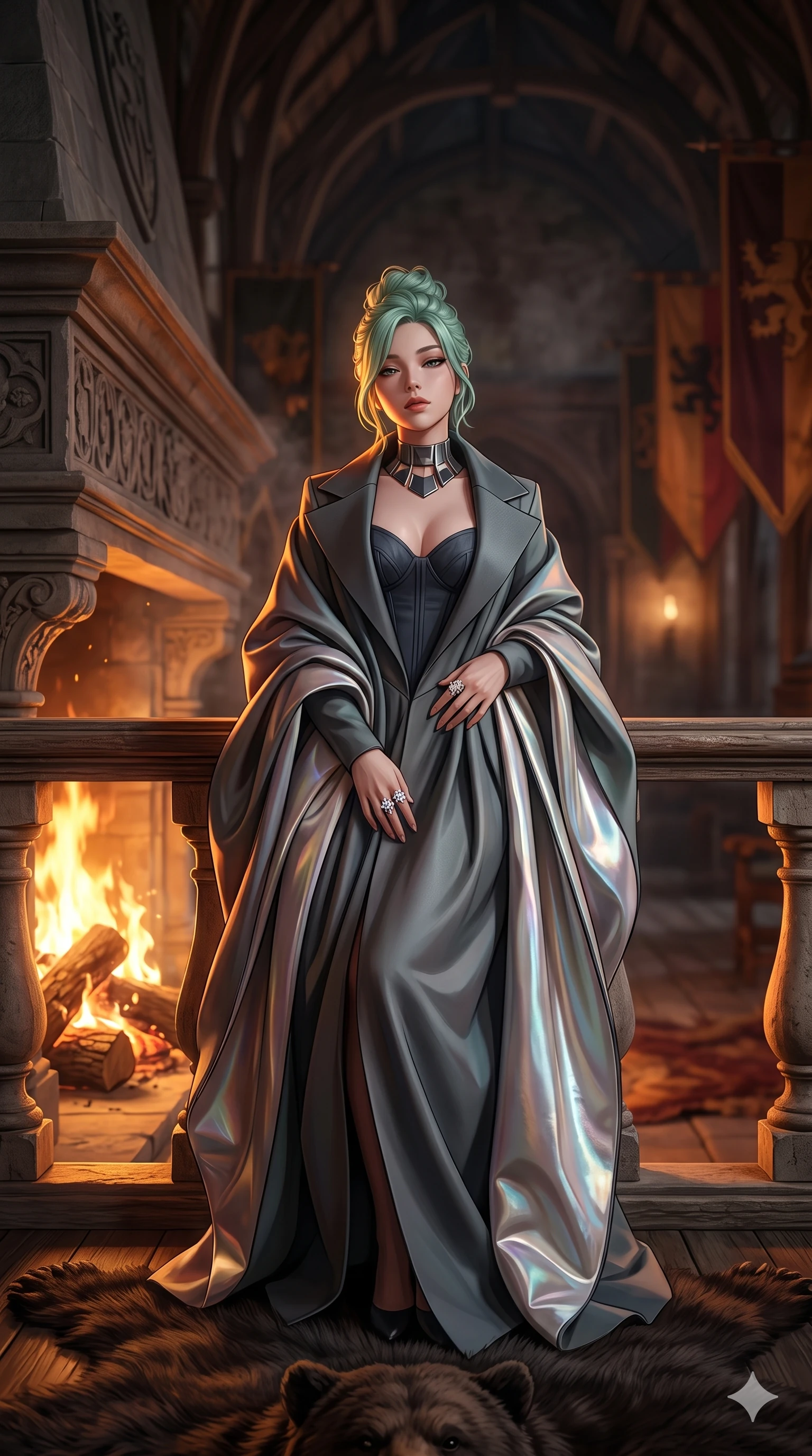 score_9, masterpiece, best quality, ultra-detailed, high-budget anime keyframe, semi-realistic 3D game render, editorial fashion photography, tasteful artistic composition, Japanese woman. close-up cowboy shot from the waist and thighs up, the character dominates the composition, filling the frame with her large presence. leaning back against the balustrade with relaxed seductive grace, head tilted back slightly while casting a hypnotic, heavy-lidded gaze while standing poised on the bear-skin rug before a roaring monumental stone fireplace, arching her spine with seductive elegance as warm firelight caresses her silhouette. The composition keeps background elements in soft focus with creamy bokeh: towering carved stone mantelpiece with burning oak logs, ancient clan heraldic banners, and high vaulted timber rafters blurred into amber, charcoal, and burgundy bokeh. She has an exceptionally elegant, slender, and willowy female figure with an ultra-slim waist, flat toned midriff, narrow ribcage, and sculpted feminine hips creating an alluring, slim hourglass silhouette without bulk. sharp v-shaped jawline, high-bridge nose, intricate jewel-like eyes with depth, thick eyelashes, glossy parted lips with a natural sheen, intensely captivating and seductive bedroom-eyes expression, flawlessly proportioned anatomical accuracy, strict slender model proportions, natural body alignment, perfectly sculpted long slender limbs, ultra-slim waistline, clean dynamic posture without body distortion. wearing a high-fashion draped silk faille opera coat with geometric lapels and interior silk satin lining in iridescent mother-of-pearl and liquid molten silver, tailored from water-resistant treated wool gabardine and flexible stretch silk, complemented by a bold geometric choker and sparkling cocktail ring, the bespoke structured tailoring following the natural line of her 8.5-heads silhouette with refined elegance. highly saturated vibrant anime colors, detailed shading with soft gradients, rich glossy textures, master piece, 9:16 ratio. highly saturated vibrant anime colors, detailed shading with soft gradients, rich glossy textures, high-contrast stereoscopic depth, volumetric dynamic lighting, master piece, 9:16 ratio