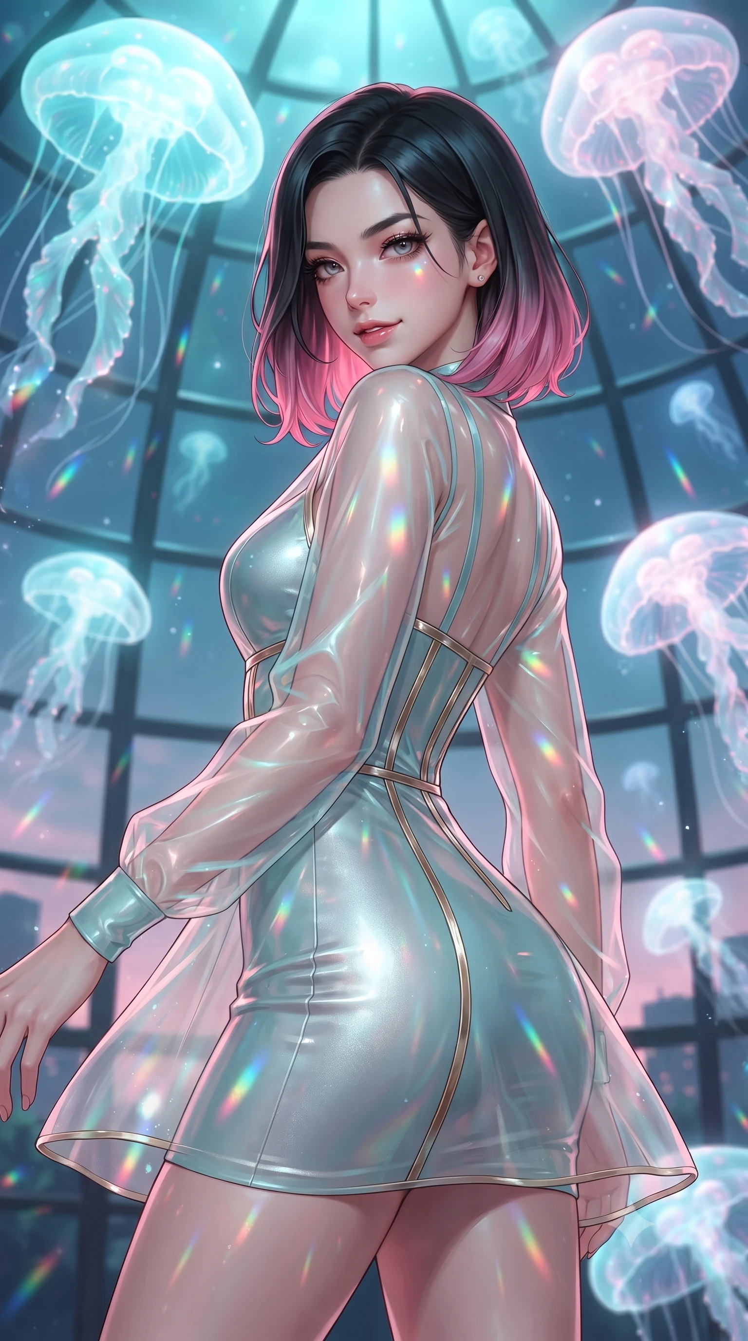 score_9, masterpiece, best quality, ultra-detailed, high-budget anime keyframe, editorial fashion photography, tasteful artistic composition, Korean woman. close-up cowboy shot from the waist and thighs up, the character dominates the composition, filling the frame with her large presence, background elements kept in soft focus. Glancing sidelong over her shoulder with a smoldering half-smile, navigating a glass-walled celestial dome as giant bioluminescent opal jellyfish drift overhead, translucent jellyfish bells scattering soft rainbow prisms across her skin. She has an exceptionally elegant, slender, and willowy female figure with an ultra-slim waist, a gracefully sculpted slender torso, and a refined silhouette. sharp v-shaped jawline, high-bridge nose, intricate jewel-like eyes with depth, thick eyelashes, glossy lips with a natural sheen. wearing glove-like fit pale turquoise latex bodycon mini dress in metallic silver, made of sheer opal chiffon overlay, finished with metallic gold boning and sleek zipper points, the fitted fabric emphasizing her ultra-slim waist. bathed in iridescent cyan and rose-pink light filtering through translucent jellyfish. ultra-reflective glossy finish, specular highlights, metallic sheen, high-contrast stereoscopic depth, volumetric dynamic lighting, 2k, ultra detail, master piece, 9:16 ratio