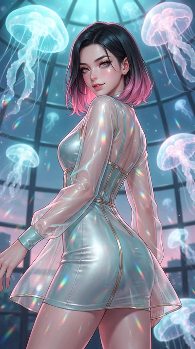 score_9, masterpiece, best quality, ultra-detailed, high-budget anime keyframe, editorial fashion photography, tasteful artistic composition, Korean woman. close-up cowboy shot from the waist and thighs up, the character dominates the composition, fi