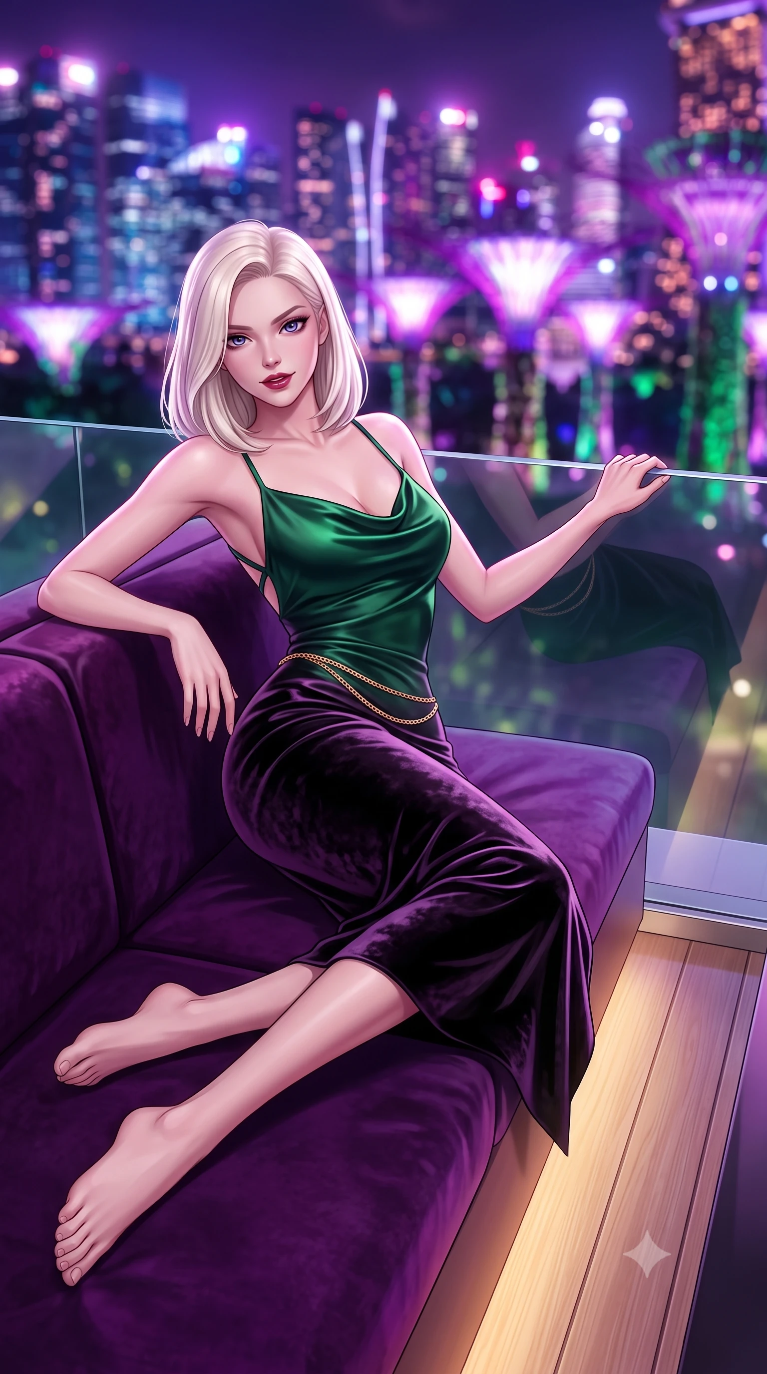 score_9, masterpiece, best quality, ultra-detailed, high-budget anime keyframe, semi-realistic 3D game render, editorial fashion photography, tasteful artistic composition, Caucasian woman. low angle full-body shot from head to toe showing her feet, filling the entire 9:16 vertical frame with her statuesque presence, stretching her vertical silhouette. reclining languidly across the velvet banquette with one knee bent and hips angled toward the camera, displaying her toned midriff and long slender limbs with effortless sensual charisma while leaning against the minimalist infinity glass edge propped on one hand, flashing a smoldering, playful half-smile with parted glossy lips. The composition keeps background elements in soft focus with dreamy creamy bokeh. the futuristic Singapore skyline and Supertree Grove light sculptures blurred into dazzling electric violet, magenta, and emerald bokeh. She has an exceptionally tall and slender model-like 8.5-heads proportion, an ultra-slim waist, a flat toned midriff, narrow delicate ribcage, and beautifully sculpted feminine hips creating a graceful, slim hourglass silhouette without any bulky heaviness, with impossibly long slender legs. sharp v-shaped jawline, high-bridge nose, intricate jewel-like dark sparkling eyes with dangerous depth, thick curled eyelashes, glossy parted lips with a rich wine sheen, smoldering seductive half-smile with bedroom-eyes, exuding effortless superiority and intoxicating dark allure, flawlessly proportioned anatomical accuracy, strict slender model proportions, natural body alignment, perfectly sculpted long slender limbs, ultra-slim waistline, clean dynamic posture without body distortion. wearing a cowl-neck emerald green silk satin slip dress with criss-cross back straps and hip-accentuating drape in rich plum violet and deep onyx black, tailored from crushed dark velvet with deep light-absorbing plush texture, finished with a delicate gold snake chain belt resting loosely across her curvy hips, the liquid-tight tailored fabric clinging flawlessly to her narrow waist and rounded feminine hips, emphasizing every millimeter of her sculpted slim hourglass curves without any bulky heaviness. bathed in vibrant metropolitan skyline neon reflections and soft warm deck ambient wash. highly saturated vibrant anime colors, detailed shading with soft gradients, rich glossy textures, high-contrast stereoscopic depth, volumetric dynamic lighting, master piece, 9:16 ratio