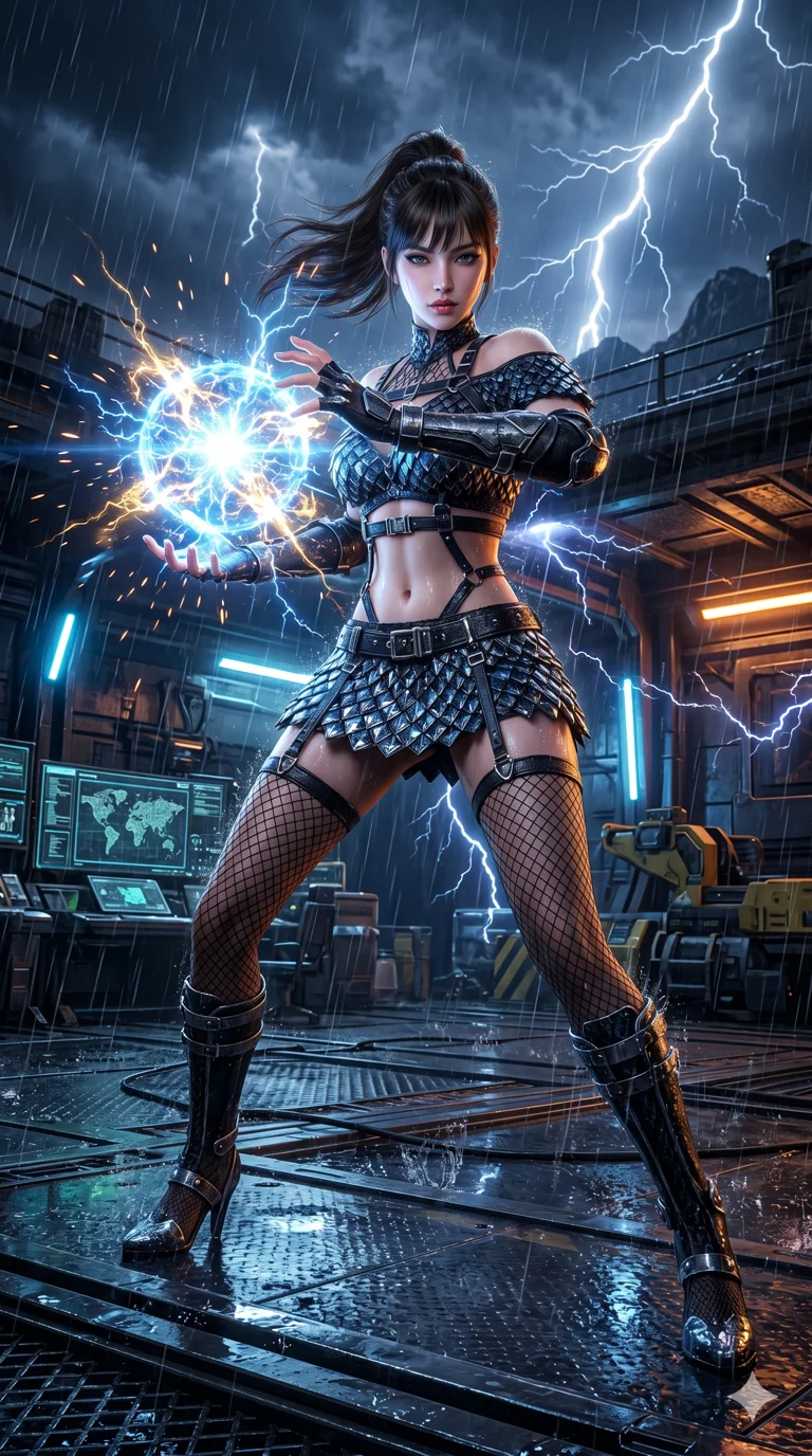 score_9, masterpiece, best quality, ultra-detailed, Semi-realistic 3D Game Render, high-fidelity character model, intricate armor textures, dynamic particle effects, Unreal Engine 5 aesthetic, crisp 3D depth, Korean woman with idol-like refined features. Dynamic full-body shot stretching the vertical silhouette, capturing her from a powerful low-angle perspective. Charging a devastating energy blast between her palms during a fierce thunderstorm on a metallic plateau, lightning striking around her. She has an absolutely perfect 8-heads proportion, an exceptionally tall and slender female figure with impossibly long slender legs and an ultra-slim waist, her statuesque height and towering silhouette dominating the vertical 9:16 frame. Her face is a masterpiece featuring a sharp v-shaped jawline, high-bridge nose, intricate jewel-like eyes with depth, thick eyelashes, and glossy lips with a natural sheen. She is wearing a Off-shoulder crop top paired with micro-skirts and thigh-high fishnet stockings crafted from Obsidian-glass scales that shimmer with a dark, crystalline brilliance, with an exposed midriff and a complex harness system that draws the eye. The scene is set in an underground rebel bunker with flickering holographic screens and tactical maps, illuminated by harsh neon light and deep shadows creating a high-contrast noir aesthetic. 2k, ultra detail, master piece, 9:16 ratio