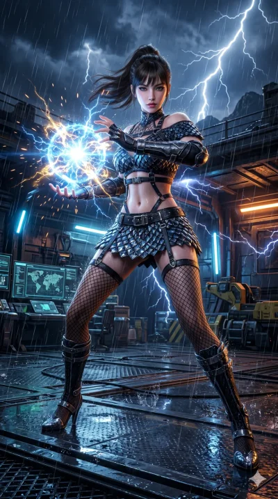 score_9, masterpiece, best quality, ultra-detailed, Semi-realistic 3D Game Render, high-fidelity character model, intricate armor textures, dynamic particle effects, Unreal Engine 5 aesthetic, crisp 3D depth, Korean woman with idol-like refined featu
