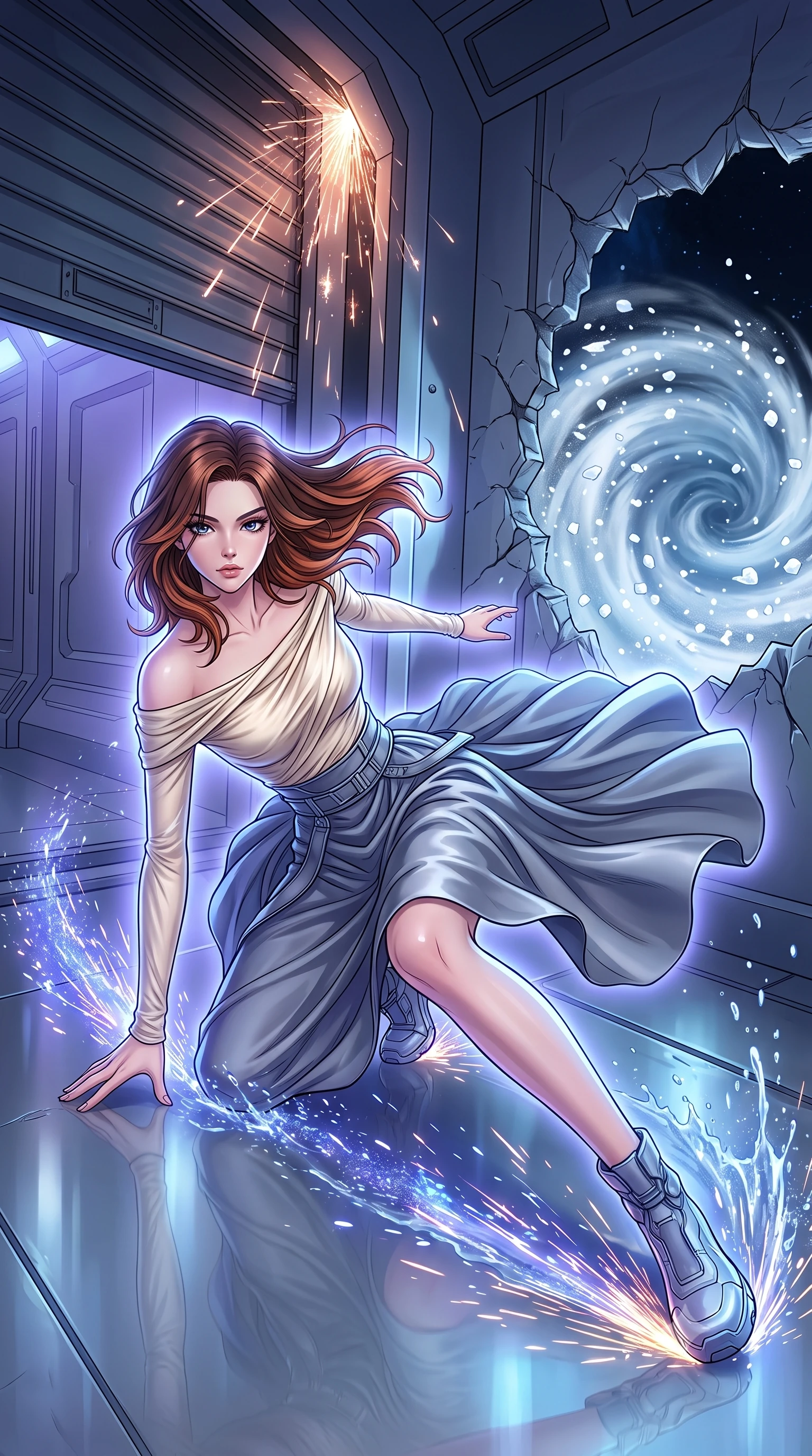 score_9, masterpiece, best quality, ultra-detailed, high-budget anime keyframe, clean line-art, cel-shading, Korean woman. low angle full-body shot from head to toe showing her feet, filling the entire 9:16 vertical frame with her statuesque presence, stretching her vertical silhouette. skidding across a slick reflective surface in a low combat stance through a corridor of a space station with a punctured hull, air venting into space and emergency shutters sliding down in a flurry of sparks. She has a statuesque 8.5-heads proportion, an exceptionally tall, slender and willowy model-like build with impossibly long legs and a highly sculpted ultra-slim waist. sharp v-shaped jawline, high-bridge nose, intricate jewel-like eyes with depth, thick eyelashes, glossy lips with a natural sheen. wearing the lightweight fabric rippling and billowing dramatically with her movement, a body-hugging draped off-shoulder top in cream silk, tucked into a high-waisted slate grey satin midi skirt. cool ethereal blue-violet bioluminescent glow wrapping around her from all sides. highly saturated vibrant anime colors, intense vivid color palette, volumetric dynamic lighting, 2k, ultra detail, master piece, 9:16 ratio