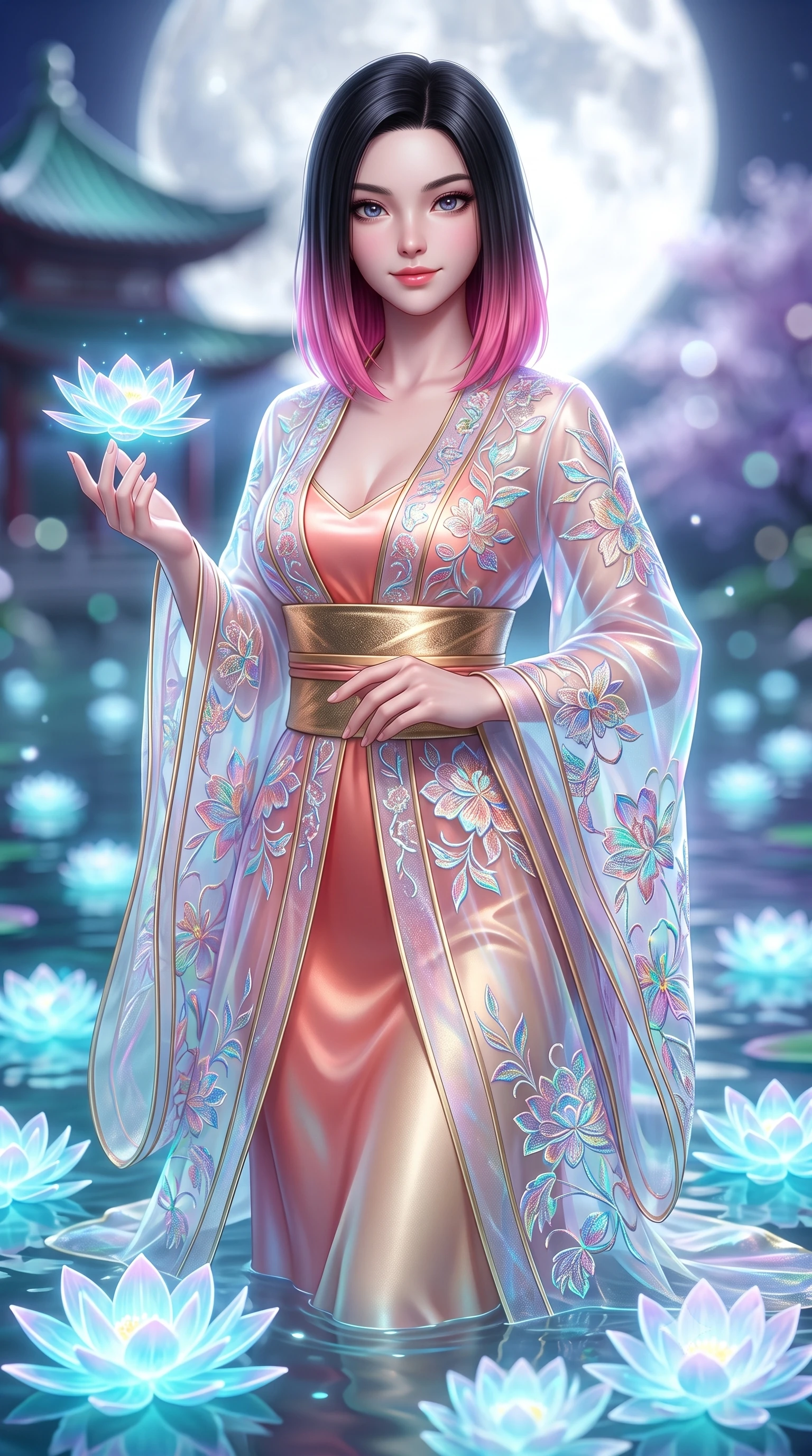 score_9, masterpiece, best quality, ultra-detailed, high-budget anime keyframe, semi-realistic 3D game render, editorial fashion photography, tasteful artistic composition, Korean woman. close-up cowboy shot from the waist and thighs up, the character dominates the composition, filling the frame with her large presence. holding her hands loosely in front with regal, aristocratic poise, radiating an overwhelming high-society aura while pivoting gracefully as floating holographic lotus blossoms drift across the water, touching one petal with a gentle smile. The composition keeps background elements in soft focus with creamy bokeh. glowing holographic lotus flowers and distant pagoda rooflines blurred into ethereal jade, violet, and silver-white bokeh. She has an exceptionally elegant, slender, and willowy female figure with an ultra-slim waist, a gracefully sculpted slender torso, toned flat midriff, and a refined slim silhouette. sharp v-shaped jawline, high-bridge nose, intricate jewel-like eyes with depth, thick eyelashes, glossy lips with a natural sheen, captivating and magnetic expression, flawlessly proportioned anatomical accuracy, strict slender model proportions, natural body alignment, perfectly sculpted long slender limbs, ultra-slim waistline, clean dynamic posture without body distortion. wearing an ethereal moon-goddess gossamer robe worn over a form-contouring pearlescent silk slip in sunrise coral and champagne gold, crafted from weightless prism organza that refracts light with every motion, complemented by a wide metallic gold obi sash with holographic floral embroidery, the sleek tailored cut tightly hugging her graceful clavicle, narrow waist, and feminine curves with statuesque precision. bathed in radiant silver-white full moon backlighting and soft cyan holographic lotus glow. highly saturated vibrant anime colors, detailed shading with soft gradients, rich glossy textures, high-contrast stereoscopic depth, volumetric dynamic lighting, master piece, 9:16 ratio