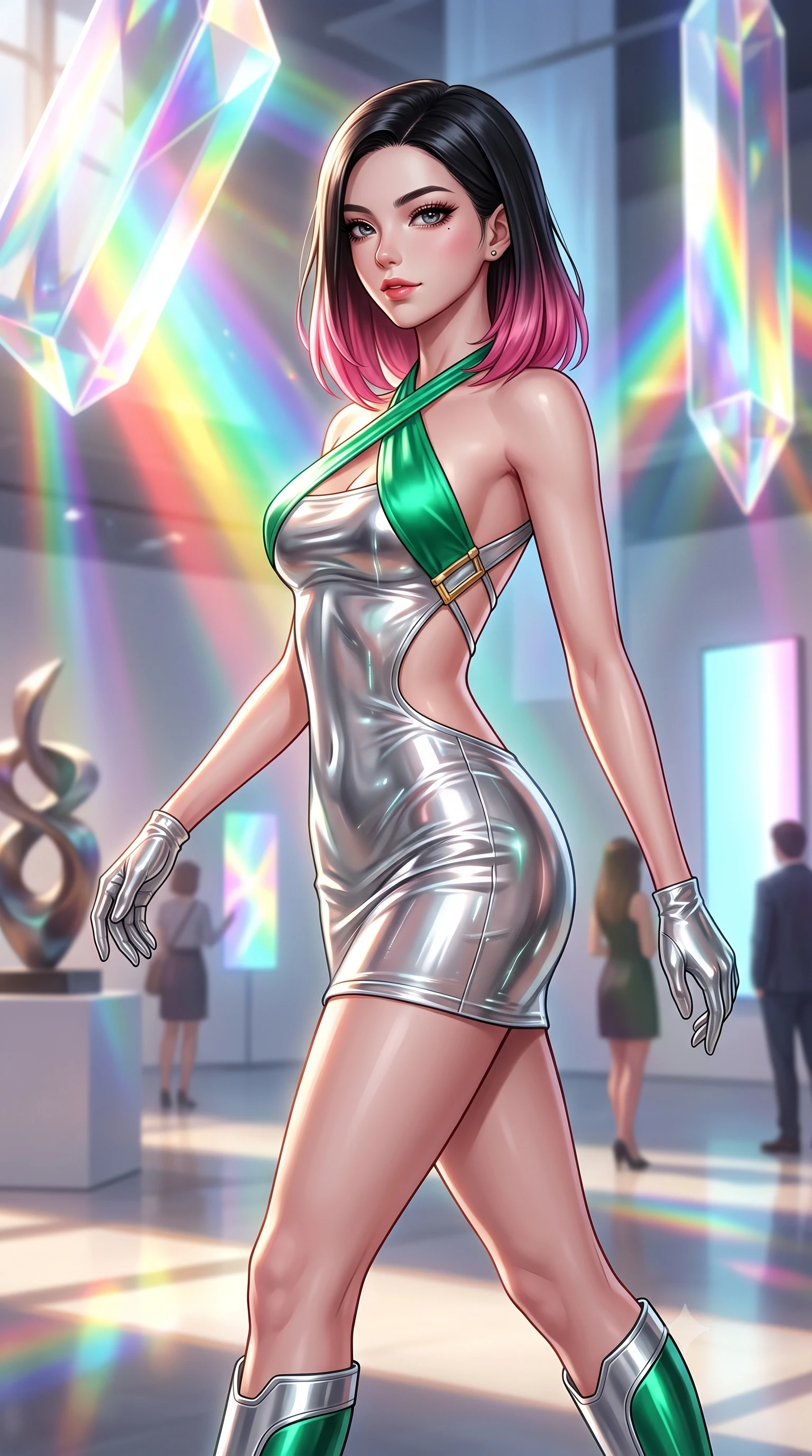 score_9, masterpiece, best quality, ultra-detailed, high-budget anime keyframe, semi-realistic 3D game render, editorial fashion photography, tasteful artistic composition, Korean woman. close-up cowboy shot from the waist and thighs up, the character dominates the composition, filling the frame with her large presence. stretching forward with an alluring arch of her spine, glancing over her shoulder with thick eyelashes and a smoldering half-smile while striding commanding through a sun-drenched art hall where giant crystal prisms project vivid rainbow beams. The composition keeps background elements in soft focus with creamy bokeh. bright multi-colored light refractions creating a glowing, spectrum-lit backdrop. She has an exceptionally elegant, slender, and willowy female figure with an ultra-slim waist, a gracefully sculpted slender torso, toned flat midriff, and a refined slim silhouette. sharp v-shaped jawline, high-bridge nose, intricate jewel-like eyes with depth, thick eyelashes, glossy lips with a natural sheen, flawlessly proportioned anatomical accuracy, strict slender model proportions, natural body alignment, perfectly sculpted long slender limbs, ultra-slim waistline, clean dynamic posture without body distortion. wearing a molten silver liquid-metal mini dress featuring deep side-waist cutouts and a daring crossover halter neckline in bright emerald green satin and gold hardware, tailored from semi-translucent cybernetic vinyl with glowing micro-filaments, complemented by criss-cross back straps highlighting her completely bare spine, the glove-like aerodynamic second-skin fit tightly clinging to her ultra-slender waist and athletic curves without adding bulk, accentuating her razor-sharp statuesque lines and slim hourglass silhouette. surrounded by a hyper-creative, radiant, and fiercely chic modern fashion editorial aura. highly saturated vibrant anime colors, detailed shading with soft gradients, rich glossy textures, high-contrast stereoscopic depth, volumetric dynamic lighting, master piece, 9:16 ratio