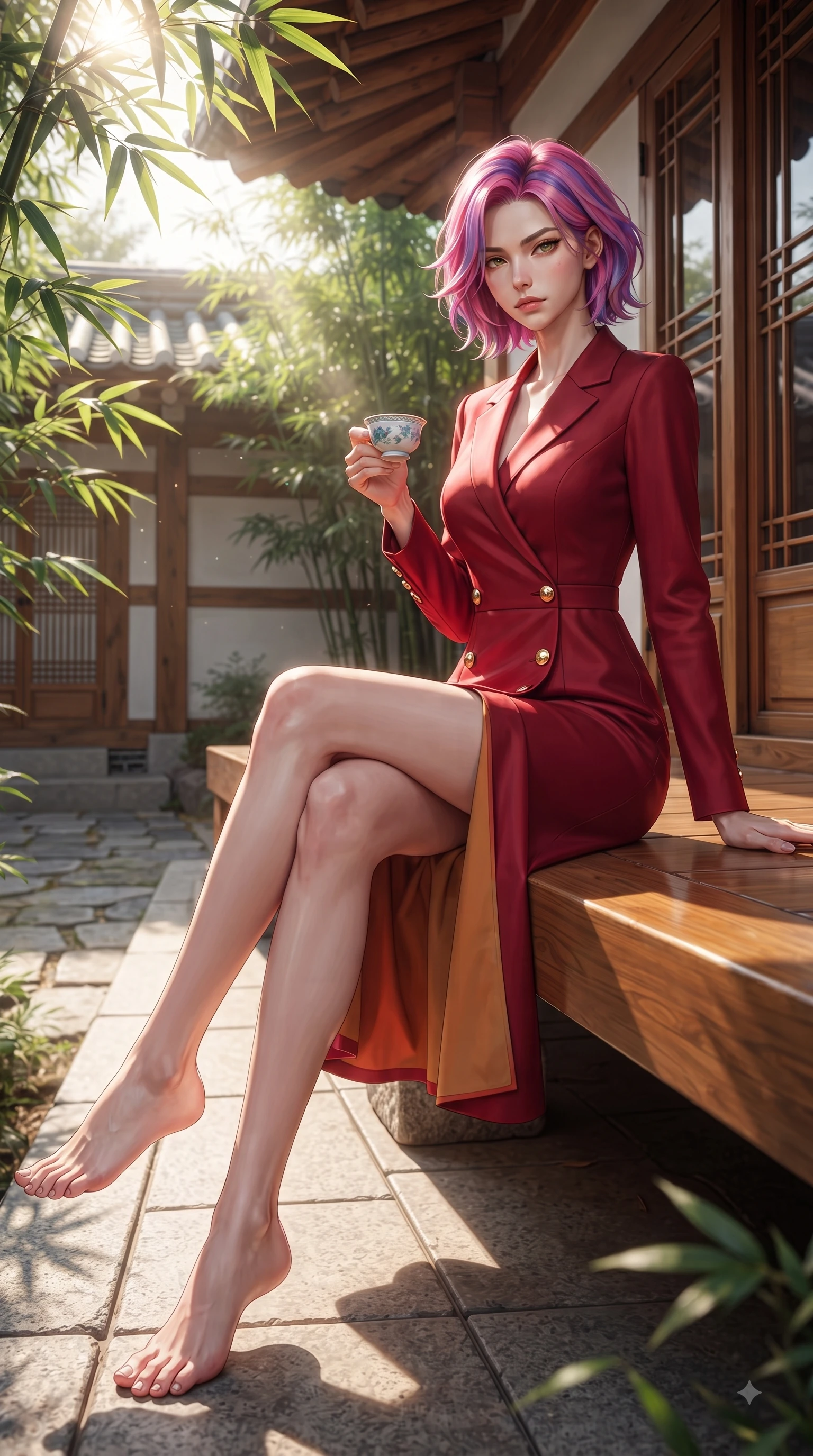 score_9, masterpiece, best quality, ultra-detailed, high-budget anime keyframe, editorial fashion photography, tasteful artistic composition, Caucasian woman. low angle full-body shot from head to toe showing her feet, filling the entire 9:16 vertical frame with her statuesque presence, stretching her vertical silhouette. Statuesque haughty posture with a cool, sharp glance and composed high-fashion elegance while sitting on a polished wooden Hanok veranda holding a delicate porcelain tea cup. The surrounding environment is rendered in vivid detail and crisp panoramic clarity. polished wooden veranda grain, stone courtyard paving, and sunlit bamboo leaves in deep focus. She has an absolutely perfect, statuesque 8.5-heads proportion, an exceptionally tall and slender model-like female figure with impossibly long slender legs and an ultra-slim waist. sharp v-shaped jawline, high-bridge nose, intricate jewel-like eyes with depth, thick eyelashes, glossy lips with a natural sheen, flawlessly proportioned anatomical accuracy, natural body alignment, perfectly sculpted elegant limbs, clean dynamic posture without body distortion. wearing a sleek ruby red wrap midi dress featuring a tasteful side leg slit in burnt orange and warm camel beige, tailored from crisp high-density cotton poplin, finished with gold metallic hardware buttons along the front, the tailored fit highlighting her statuesque and model-like silhouette. bathed in bright morning sunbeams filtering through lush bamboo canopies. ultra-reflective glossy finish, specular highlights, metallic sheen, high-contrast stereoscopic depth, volumetric dynamic lighting, 2k, ultra detail, master piece, 9:16 ratio