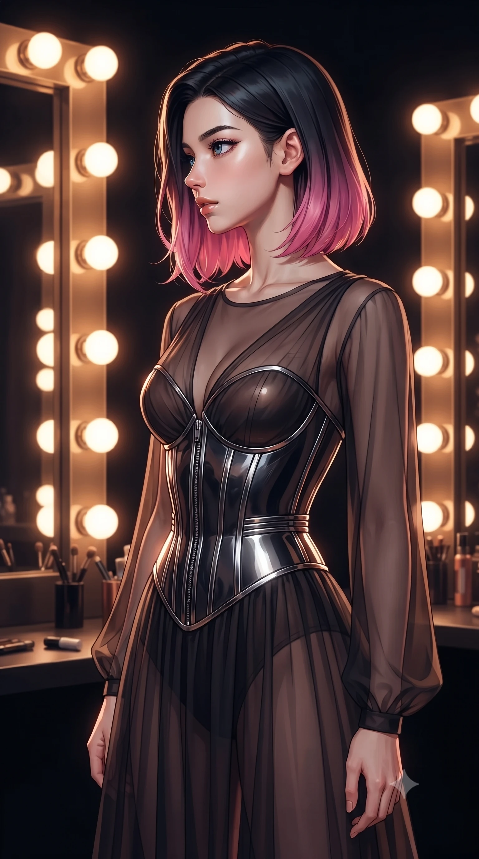 score_9, masterpiece, best quality, ultra-detailed, high-budget anime keyframe, editorial fashion photography, tasteful artistic composition, Korean woman. close-up cowboy shot from the waist and thighs up, the character dominates the composition, filling the frame with her large presence, background elements kept in soft focus. Turning her face in sharp dramatic profile against the key light, standing in a private VIP couture dressing room lined with warm vanity bulb mirrors, warm round vanity light bulbs creating brilliant circular rim highlights. She has an exceptionally elegant, slender, and willowy female figure with an ultra-slim waist, a gracefully sculpted slender torso, and a refined silhouette. sharp v-shaped jawline, high-bridge nose, intricate jewel-like eyes with depth, thick eyelashes, glossy lips with a natural sheen. wearing semi-opaque sheer dark chiffon gown revealing structured corset silhouette in pearl white, made of sculpted obsidian metallic chrome, finished with metallic silver boning and sleek zipper points, sculpting her athletic slender build with refined precision. surrounded by a warm glamorous glow with deep shadowy background contrast. highly saturated vibrant anime colors, detailed shading with soft gradients, rich glossy textures, high-contrast stereoscopic depth, volumetric dynamic lighting, master piece, 9:16 ratio