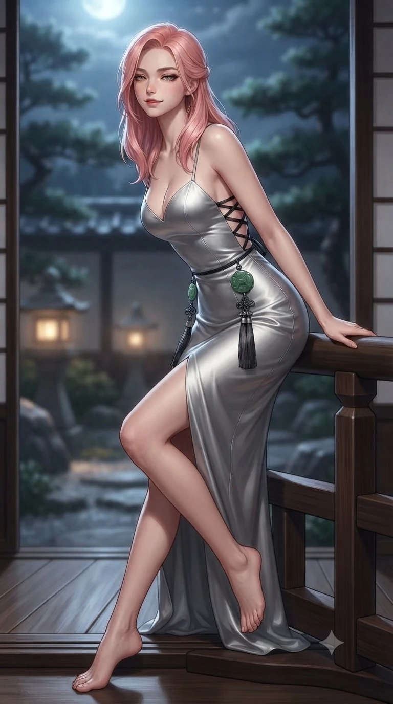 score_9, masterpiece, best quality, ultra-detailed, high-budget anime keyframe, editorial fashion photography, tasteful artistic composition, Japanese woman. close-up cowboy shot from the waist and thighs up, the character dominates the composition, filling the frame with her large presence. leaning back against the balustrade with relaxed seductive grace, head tilted back slightly while casting a hypnotic, heavy-lidded gaze while stepping gracefully over the raised wooden threshold, her long slender legs and curvy hourglass hips commanding the frame. The background shows a soft-focus framed view of moonlit pine gardens, glowing stone lanterns, and distant tiled walls blurred into jade, honey, and charcoal bokeh. She has an exceptionally elegant, slender, and willowy female figure with an ultra-slim waist, flat toned midriff, narrow ribcage, and sculpted feminine hips creating an alluring, slim hourglass silhouette without bulk. sharp v-shaped jawline, high-bridge nose, sparkling eyes with hypnotic seductive depth, thick curled eyelashes, glossy parted lips with a natural dewy peach sheen, alluring bedroom-eyes with an enchanting coquettish smile, exuding magnetic siren charisma and sophisticated glamour, flawlessly proportioned anatomical accuracy, strict slender model proportions, natural body alignment, perfectly sculpted long slender limbs, ultra-slim waistline, clean dynamic posture without body distortion. wearing a slinky deep sweetheart-neckline silk slip gown with criss-cross back otgoreum ribbon ties in liquid mercury chrome and deep ink black, tailored from heavy double-faced silk faille with an exceptionally fluid drape, finished with authentic carved jade pendants and traditional norigae knots, the form-fitting cut adhering flawlessly to her sculpted flat midriff and slender torso, emphasizing her long leg lines and perfectly proportioned willowy build. bathed in dual lighting: cool silver moonlight from the exterior garden contrasting with warm 2700K lantern glow from within. ultra-reflective glossy finish, specular highlights, rich textural contrasts, high-contrast stereoscopic depth, volumetric dynamic lighting, 2k, ultra detail, master piece, 9:16 ratio