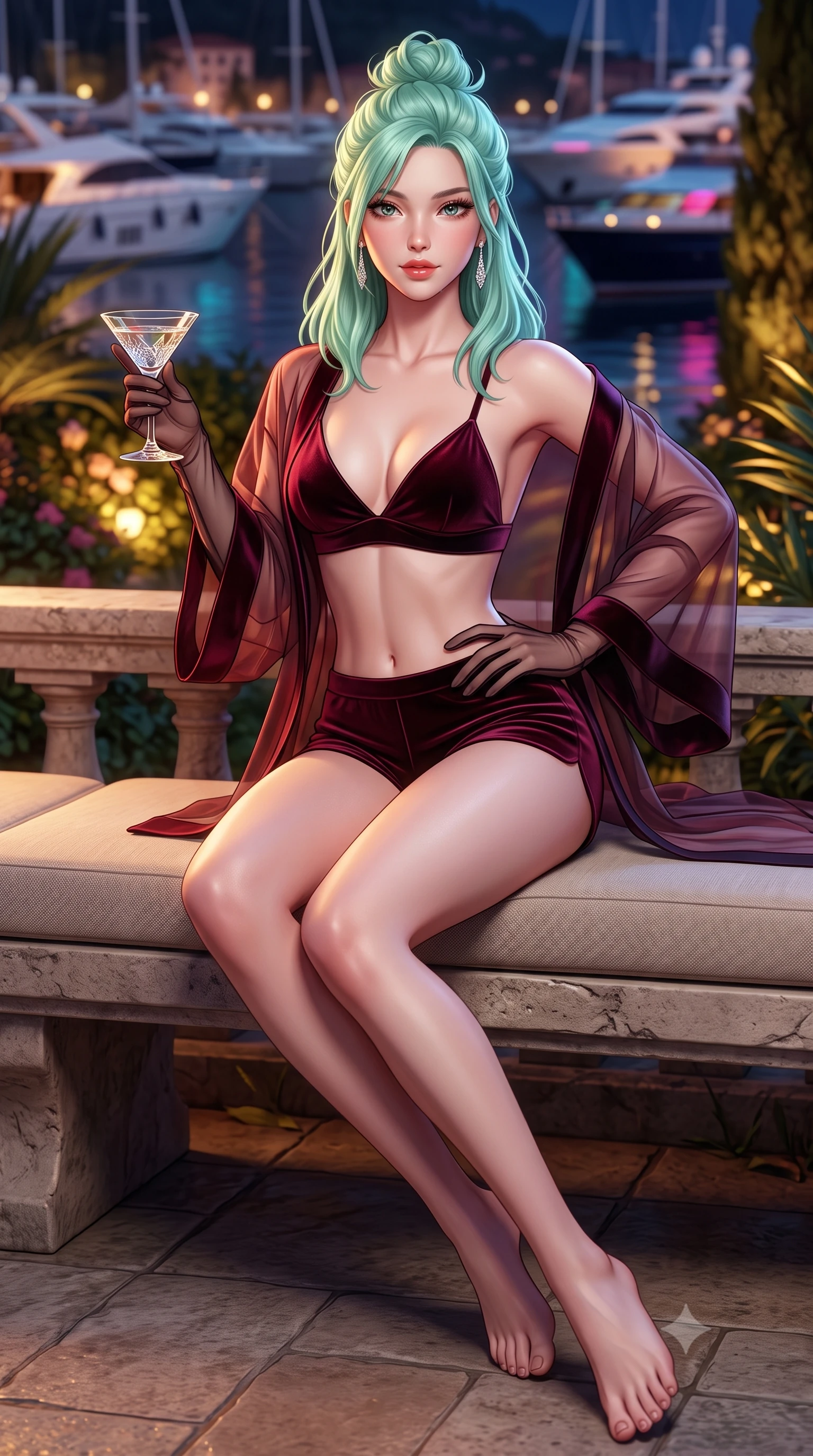 score_9, masterpiece, best quality, ultra-detailed, high-budget anime keyframe, semi-realistic 3D game render, editorial fashion photography, tasteful artistic composition, Japanese woman. close-up cowboy shot from the waist and thighs up, the character dominates the composition, filling the frame with her large presence. twisting her slender torso in an alluring contrapposto stance, one hand resting on her sculpted hip while her fingers toy with her hair with effortless poise while sitting perched on the cushioned stone bench with legs extended, holding a crystal cocktail glass with dangerous high-fashion cool. The surrounding environment is rendered in vivid detail and crisp panoramic clarity: detailed form-contouring velvet bodycon dress cling, diamond drop earrings sparkle, and Riviera landscape architecture in high resolution. She has an exceptionally elegant, slender, and willowy female figure with an ultra-slim waist, flat toned midriff, narrow ribcage, and sculpted feminine hips creating an alluring, slim hourglass silhouette without bulk. sharp v-shaped jawline, high-bridge nose, sparkling eyes with hypnotic seductive depth, thick curled eyelashes, glossy parted lips with a natural dewy peach sheen, alluring bedroom-eyes with an enchanting coquettish smile, exuding magnetic siren charisma and sophisticated glamour, flawlessly proportioned anatomical accuracy, strict slender model proportions, natural body alignment, perfectly sculpted long slender limbs, ultra-slim waistline, clean dynamic posture without body distortion. wearing a sheer silk organza modern kimono robe worn loose and slipping off bare shoulders over a matching satin bralette and micro-shorts in Gion dark cherry and midnight obsidian, tailored from ultra-plush velvet with rich tactile depth and deep shadow gradients, complemented by sheer opera-length evening gloves tracing her slender arms, the liquid-tight tailored fabric clinging flawlessly to her narrow waist and rounded feminine hips, emphasizing every millimeter of her sculpted slim hourglass curves without any bulky heaviness. bathed in warm garden landscape uplighting mixed with dynamic multi-color reflections from harbor yachts. highly saturated vibrant anime colors, detailed shading with soft gradients, rich glossy textures, high-contrast stereoscopic depth, volumetric dynamic lighting, master piece, 9:16 ratio