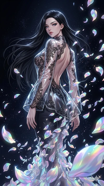 score_9, masterpiece, best quality, ultra-detailed, High-budget Anime Keyframe, East Asian woman. Low angle cowboy shot filling the entire 9:16 frame with her statuesque presence. Scenario 91: Dissolving into a cloud of iridescent silk petals in a vo