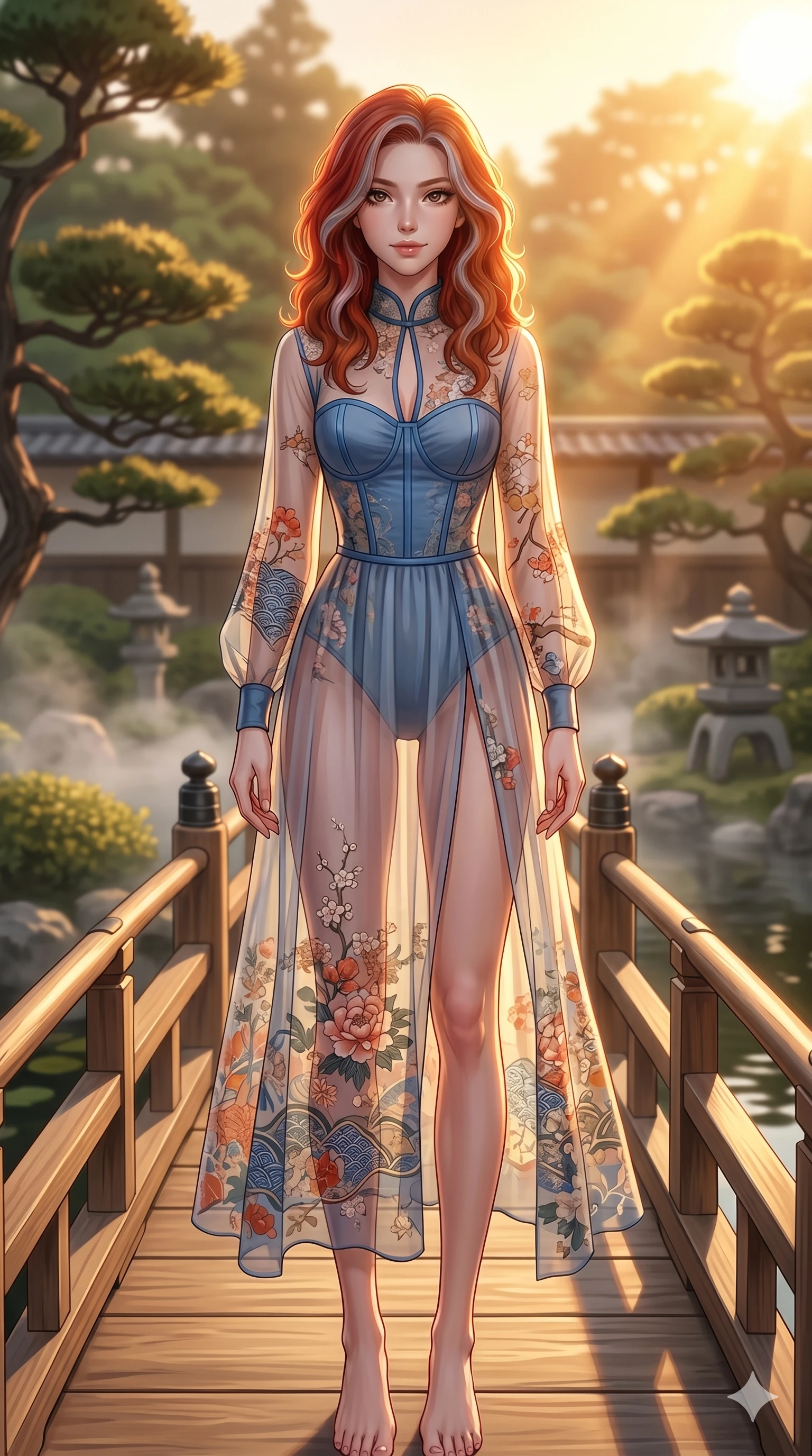 score_9, masterpiece, best quality, ultra-detailed, high-budget anime keyframe, editorial fashion photography, tasteful artistic composition, Caucasian woman, strictly human ears. cowboy shot from the thighs up, character and outfit filling the frame for maximum editorial presence. posing with quiet self-assurance, looking directly into the lens with a confident grin on a wooden bridge in a traditional Japanese garden with mist rising softly (Code-P18-178). She has an absolutely perfect 8-heads proportion, an exceptionally tall and slender female figure with impossibly long slender legs and an ultra-slim waist. V-shaped jawline, high-bridge nose, intricate jewel-like eyes with depth, thick eyelashes, glossy lips with a natural sheen. wearing a sheer chiffon dress with a blue corset bodice. bathed in warm golden afternoon sunbeams, casting a warm glowing aura on her. 2k, ultra detail, master piece, 9:16 ratio