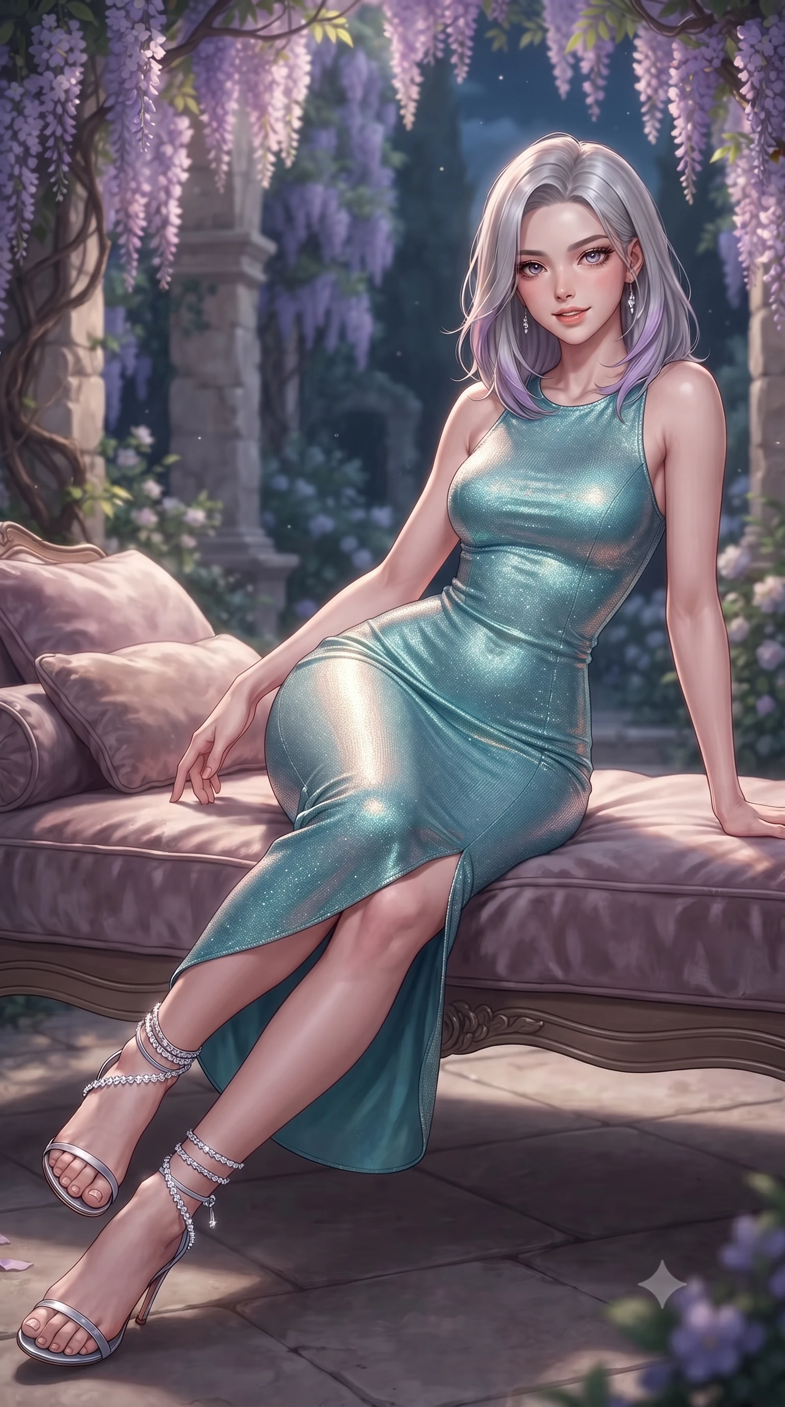 score_9, masterpiece, best quality, ultra-detailed, high-budget anime keyframe, editorial fashion photography, tasteful artistic composition, Caucasian woman. close-up cowboy shot from the waist and thighs up, the character dominates the composition, filling the frame with her large presence. turning slowly with an enchanting smoldering smile, her glossy hair tossing in the breeze as her hips angle gracefully in a captivating contrapposto while reclining gracefully across the plush daybed with legs extended, flashing an enchanting, flirtatious smile toward the lens. The background shows a soft-focus wisteria vines softened in romantic Provençal midnight shallow focus. She has an exceptionally elegant, slender, and willowy female figure with an ultra-slim waist, flat toned midriff, narrow ribcage, and sculpted feminine hips creating an alluring, slim hourglass silhouette without bulk. sharp v-shaped jawline, high-bridge nose, intricate jewel-like sparkling eyes with depth, thick eyelashes, glossy parted lips with a natural peach sheen, bright cheerful beaming smile with an enchanting and coquettish sensual glint, exuding both youthful cute charm and seductive allure, flawlessly proportioned anatomical accuracy, strict slender model proportions, natural body alignment, perfectly sculpted long slender limbs, ultra-slim waistline, clean dynamic posture without body distortion. wearing a sculpted metallic lurex knit column dress clinging smoothly to her curves with radiant shimmer in Sentosa tropical coral reef teal and pure iridescent pearl, made of fluid liquid jersey with seamless sculpting hold and smooth contours, complemented by strappy stiletto sandals with crystal ankle wraps accentuating her slender calves, the bespoke structured tailoring following the natural line of her 8.5-heads silhouette with refined elegance. illuminated by terrace stone bounce and sharp silver-lavender rim lights sculpting her razor-sharp jawline, narrow waist, and curvy hips. ultra-reflective glossy finish, specular highlights, rich textural contrasts, high-contrast stereoscopic depth, volumetric dynamic lighting, 2k, ultra detail, master piece, 9:16 ratio
