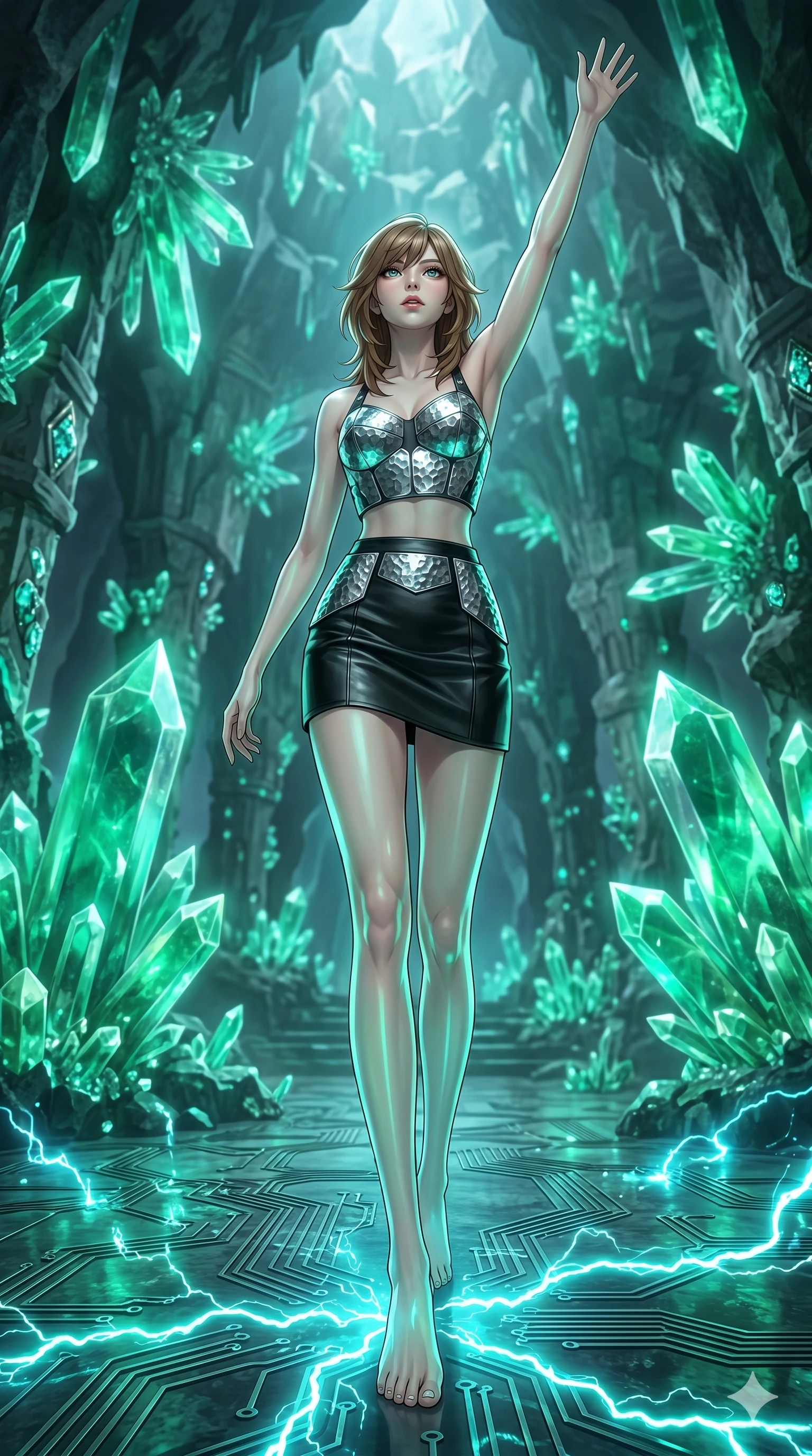 score_9, masterpiece, best quality, ultra-detailed, high-budget anime keyframe, editorial fashion photography, tasteful artistic composition, Korean woman. low angle full-body shot from head to toe showing her feet, filling the entire 9:16 vertical frame with her statuesque presence, stretching her vertical silhouette. Gliding forward with one arm sweeping upward toward the sky in a gesture of pure triumph inside a crystalline cavern filled with giant glowing emerald crystal clusters. She has an absolutely perfect 8-heads proportion, an exceptionally tall and slender female figure with impossibly long slender legs and an ultra-slim waist. V-shaped jawline, high-bridge nose, intricate jewel-like eyes with depth, thick eyelashes, glossy lips with a natural sheen. wearing a structured halter crop top in hammered silver paired with a matching high-waist leather mini skirt. lit by electric cyan sparks and glowing circuit paths from the floor, casting sharp under-lighting. 2k, ultra detail, master piece, 9:16 ratio