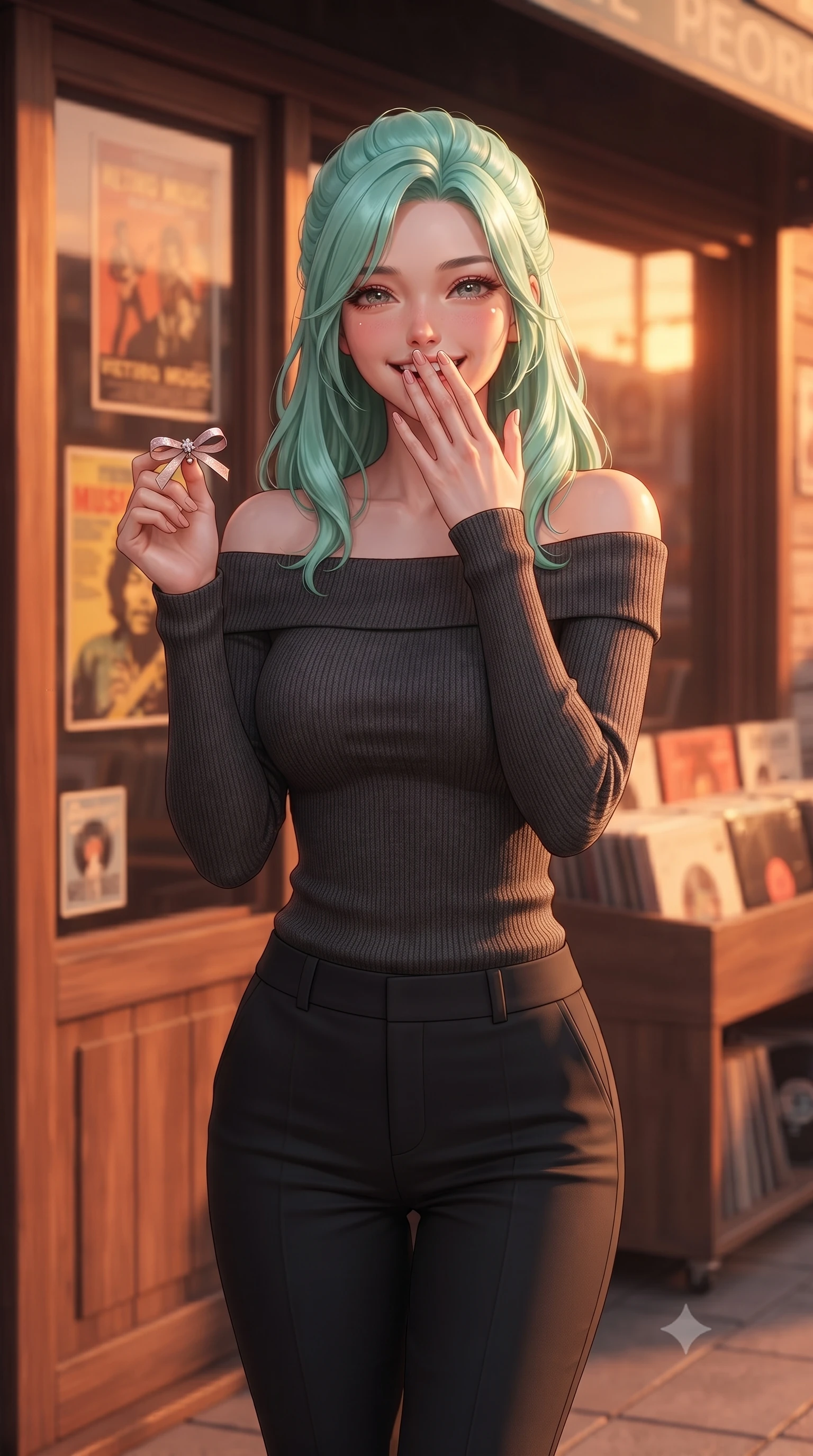 score_9, masterpiece, best quality, ultra-detailed, high-budget anime keyframe, editorial fashion photography, tasteful artistic composition, Japanese woman. close-up cowboy shot from the waist and thighs up, the character dominates the composition, filling the frame with her large presence, background elements kept in soft focus. giggling cutely behind her hand, her eyes sparkling with joy and bright energy set against a soft-focus background of in front of a vintage vinyl record shop with retro music posters in the window holding a cute handmade ribbon hair clip, looking at the camera. She has an exceptionally elegant, slender, and willowy female figure with an ultra-slim waist, a gracefully sculpted slender torso, and a refined silhouette. sharp v-shaped jawline, high-bridge nose, intricate jewel-like eyes with depth, thick eyelashes, glossy lips with a natural sheen. wearing slim-fit body-hugging off-shoulder knit top in charcoal, paired with tailored slim pants. cozy golden hour sunset light painting the wooden shopfronts in orange. ultra-reflective glossy finish, specular highlights, metallic sheen, high-contrast stereoscopic depth, volumetric dynamic lighting, 2k, ultra detail, master piece, 9:16 ratio