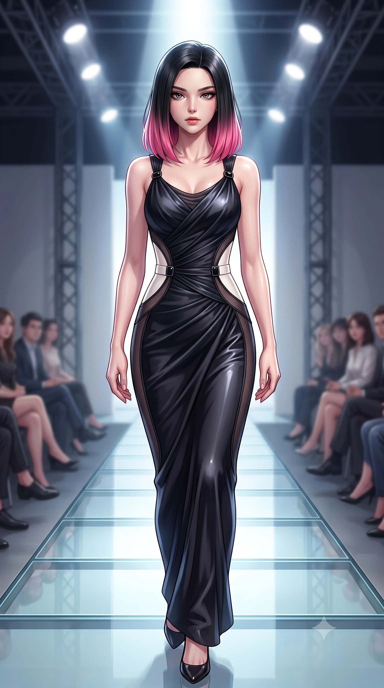 score_9, masterpiece, best quality, ultra-detailed, high-budget anime keyframe, editorial fashion photography, tasteful artistic composition, Korean woman. close-up cowboy shot from the waist and thighs up, the character dominates the composition, filling the frame with her large presence, background elements kept in soft focus. Casting a slow, direct gaze beneath heavy lashes with quiet intensity, walking across a glass runway reflecting bright studio spotlights from above, high-definition visual clarity with razor-sharp outfit specular glints. She has an exceptionally elegant, slender, and willowy female figure with an ultra-slim waist, a gracefully sculpted slender torso, and a refined silhouette. sharp v-shaped jawline, high-bridge nose, intricate jewel-like eyes with depth, thick eyelashes, glossy lips with a natural sheen. wearing draped obsidian silk gown featuring tasteful waist slit cutouts in pearl white, made of fine dark contouring mesh, adorned with minimalist black onyx hardware framing the silhouette, the fitted fabric emphasizing her ultra-slim waist. lit by piercing key light highlighting her statuesque physical features. highly saturated vibrant anime colors, detailed shading with soft gradients, rich glossy textures, high-contrast stereoscopic depth, volumetric dynamic lighting, master piece, 9:16 ratio