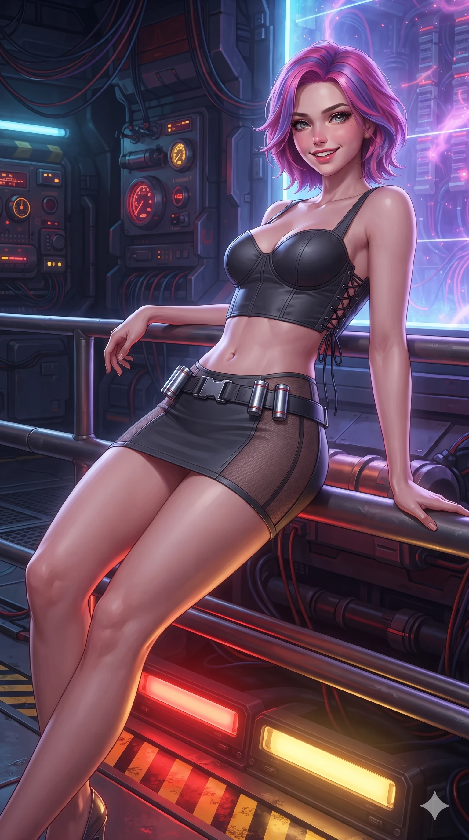 score_9, masterpiece, best quality, ultra-detailed, high-budget anime keyframe, editorial fashion photography, tasteful artistic composition, Caucasian woman. close-up cowboy shot from the waist and thighs up, the character dominates the composition, filling the frame with her large presence. leaning back against the glowing maintenance bulkhead with relaxed seductive grace, her flat midriff and narrow waist highlighted as laser ambient light traces her curves while lounging gracefully on the maintenance railing propped on one elbow with legs extended, displaying her long slender limbs and statuesque hourglass silhouette against the subterranean plasma matrix. The surrounding environment is rendered in vivid detail and crisp panoramic clarity: sharp floor warning stripes, heavy titanium gantry rivets, and glowing plasma pressure gauges in deep focus. She has an exceptionally elegant, slender, and willowy female figure with an ultra-slim waist, flat toned midriff, narrow ribcage, and sculpted feminine hips creating an alluring, slim hourglass silhouette without bulk. sharp v-shaped jawline, high-bridge nose, intricate jewel-like sparkling eyes with depth, thick eyelashes, glossy parted lips with a natural sheen, bright confident smile with an enchanting and coquettish sensual glint, exuding both youthful magnetic charm and sovereign high-tech allure, flawlessly proportioned anatomical accuracy, strict slender model proportions, natural body alignment, perfectly sculpted long slender limbs, ultra-slim waistline, clean dynamic posture without body distortion. wearing a sculpted matte carbon underwire crop bustier with lace-up side ties paired with a low-rise micro skirt in charcoal grey and polished chrome, featuring strategic sheer-illusion tulle side panels framing her ribcage and hips, accented with a sleek utility belt with polished magnetic canisters resting loosely on her curvy hips, the liquid-tight tailored fabric clinging flawlessly to her narrow waist and rounded feminine hips, emphasizing every millimeter of her sculpted slim hourglass curves without any bulky heaviness. illuminated by floor warning lights and sharp copper rim lighting sculpting her razor-sharp jawline, narrow waist, and curvy hips. ultra-reflective glossy finish, specular highlights, rich textural contrasts, high-contrast stereoscopic depth, volumetric dynamic lighting, 2k, ultra detail, master piece, 9:16 ratio