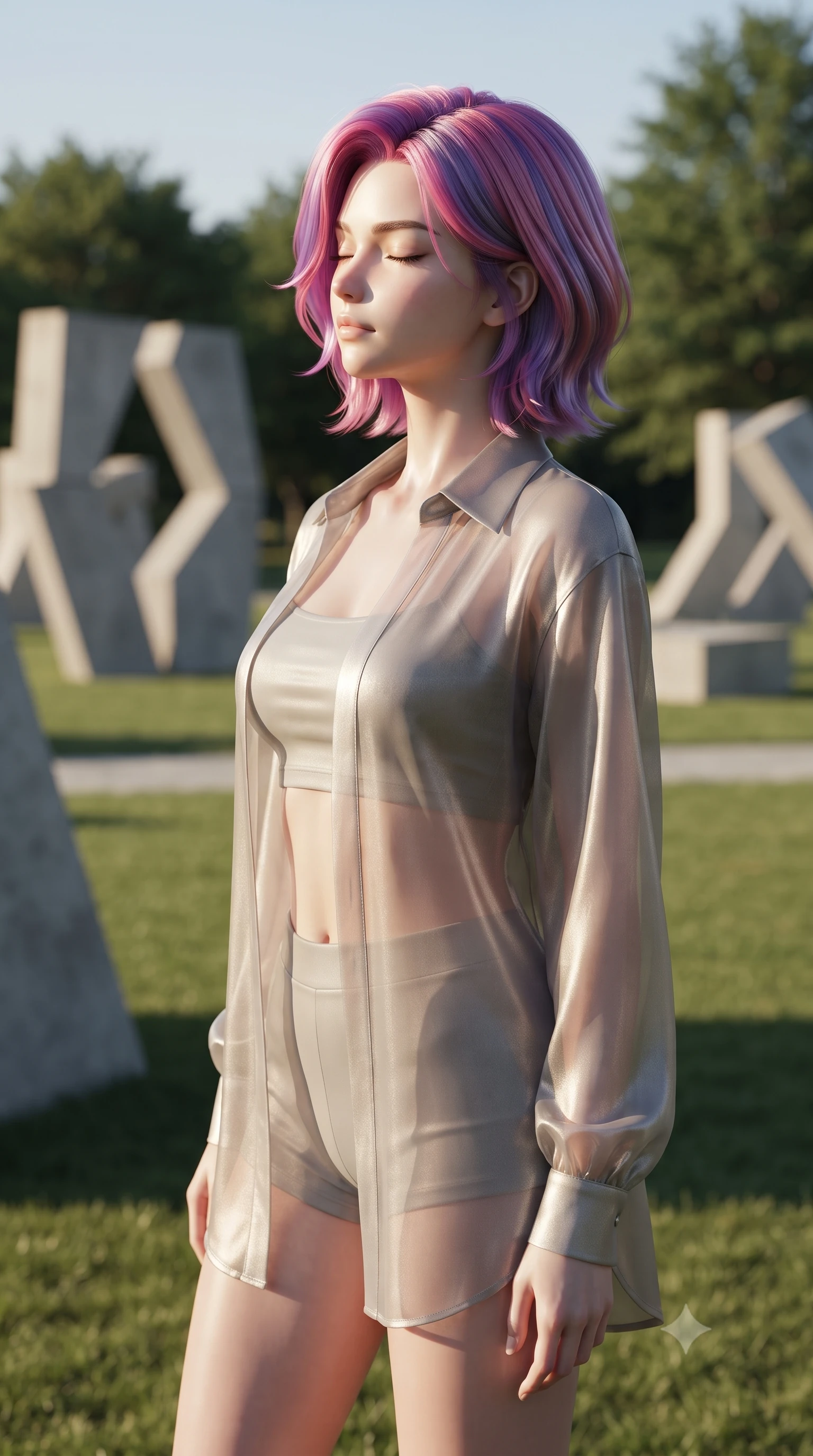 score_9, masterpiece, best quality, ultra-detailed, high-budget anime keyframe, editorial fashion photography, tasteful artistic composition, Caucasian woman woman. close-up cowboy shot from the waist and thighs up, the character dominates the composition, filling the frame with her large presence, background elements kept in soft focus. turning her face in profile to catch the warm sunlight on her cheek, eyes softly closed the background shows a soft-focus a grassy lawn in a modern sculpture park, with clean concrete paths and green trees. She has an exceptionally elegant, slender, and willowy female figure with an ultra-slim waist, a gracefully sculpted slender torso, and a refined silhouette. sharp v-shaped jawline, high-bridge nose, intricate jewel-like eyes with depth, thick eyelashes, glossy lips with a natural sheen. wearing a form-contouring lightweight chiffon cover-up shirt worn open over a crop top and high-cut shorts. crisp morning sunlight casting sharp, clean shadows of the sculptures. ultra-reflective glossy finish, specular highlights, metallic sheen, high-contrast stereoscopic depth, volumetric dynamic lighting, 2k, ultra detail, master piece, 9:16 ratio