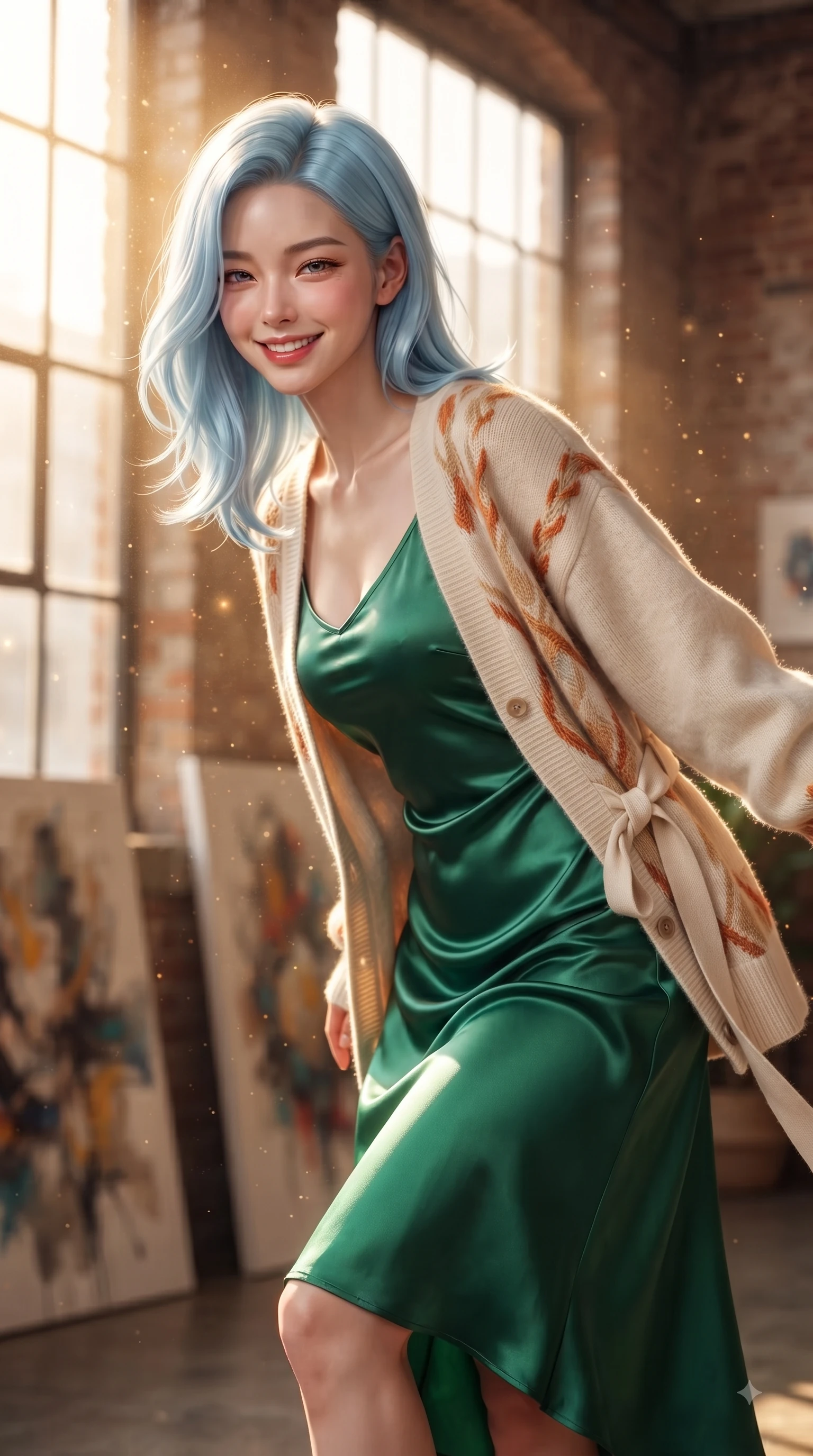 score_9, masterpiece, best quality, ultra-detailed, high-budget anime keyframe, editorial fashion photography, tasteful artistic composition, Korean woman. close-up cowboy shot from the waist and thighs up, the character dominates the composition, filling the frame with her large presence. Playful cute grin with eyes crinkling in pure girlhood delight, leaning forward with adorable energy while pivoting near a high factory window as volumetric dust motes sparkle in golden sunbeams. The composition keeps background elements in soft focus with dreamy bokeh. abstract artwork canvases and warm brick gallery walls blurred into cozy industrial bokeh. She has an exceptionally elegant, slender, and willowy female figure with an ultra-slim waist, a gracefully sculpted slender torso, and a refined silhouette. sharp v-shaped jawline, high-bridge nose, intricate jewel-like eyes with depth, thick eyelashes, glossy lips with a natural sheen, flawlessly proportioned anatomical accuracy, natural body alignment, perfectly sculpted elegant limbs, clean dynamic posture without body distortion. wearing a rich emerald green satin slip dress layered under a plush cream cardigan in burnt orange and warm camel beige, crafted from soft breathable Italian linen, accented with a delicate side waist sash creating fluid lines, the fluid drape swaying gracefully with her dynamic editorial movement. bathed in warm volumetric sunbeams filtering through tall industrial windows. ultra-reflective glossy finish, specular highlights, metallic sheen, high-contrast stereoscopic depth, volumetric dynamic lighting, 2k, ultra detail, master piece, 9:16 ratio