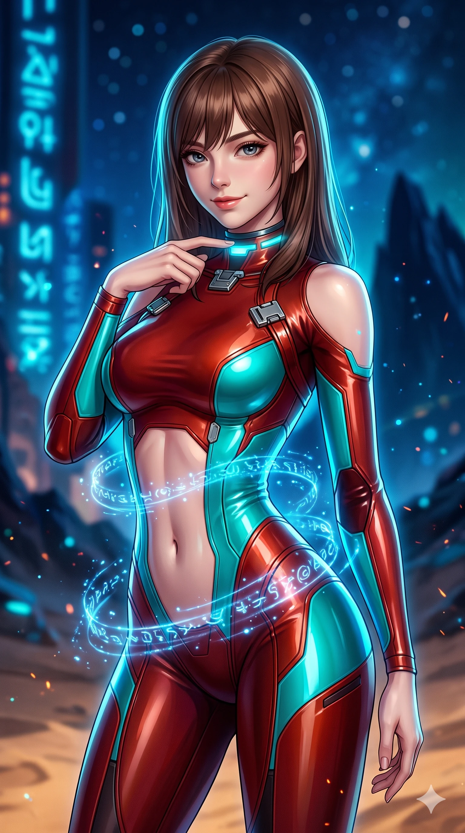 score_9, masterpiece, best quality, ultra-detailed, high-budget anime keyframe, semi-realistic 3D game render, editorial fashion photography, tasteful artistic composition, Korean woman. close-up cowboy shot from the waist and thighs up, the character dominates the composition, filling the frame with her large presence. tilting her head with a teasing half-smile, running one finger slowly along her glowing comm-link collar in a flirtatious gesture while twisting her slender torso in an alluring S-curve, ethereal blue glyph light wrapping around her flat midriff and hourglass curves. The background shows a soft-focus pulsing blue luminescent alien hieroglyphs, floating dust motes, and distant jagged obsidian mountain silhouettes blurred into sapphire, cyan, and deep indigo bokeh. She has an exceptionally elegant, slender, and willowy female figure with an ultra-slim waist, flat toned midriff, narrow ribcage, and sculpted feminine hips creating an alluring, slim hourglass silhouette without bulk. sharp v-shaped jawline, high-bridge nose, intricate jewel-like sparkling eyes with depth, thick eyelashes, glossy parted lips with a natural sheen, bright confident smile with an enchanting and coquettish sensual glint, exuding both youthful magnetic charm and sovereign high-tech allure, flawlessly proportioned anatomical accuracy, strict slender model proportions, natural body alignment, perfectly sculpted long slender limbs, ultra-slim waistline, clean dynamic posture without body distortion. wearing an ultra-sleek form-contouring thermal silicone composite catsuit adhering seamlessly like a second skin in cyber-shinto vermilion and laser turquoise, tailored from ultra-reflective glossy liquid vinyl with mirror-like specular highlights, finished with high-tension magnetic quick-release clasps glinting along her collarbones, the form-contouring cut accentuating her sculpted flat midriff, narrow delicate ribcage, and gracefully curvy hips with cybernetic supermodel precision. illuminated by sand surface bounce and sharp sapphire-cyan rim lights sculpting her razor-sharp jawline, narrow waist, and curvy hips. highly saturated vibrant anime colors, detailed shading with soft gradients, rich glossy textures, high-contrast stereoscopic depth, volumetric dynamic lighting, master piece, 9:16 ratio