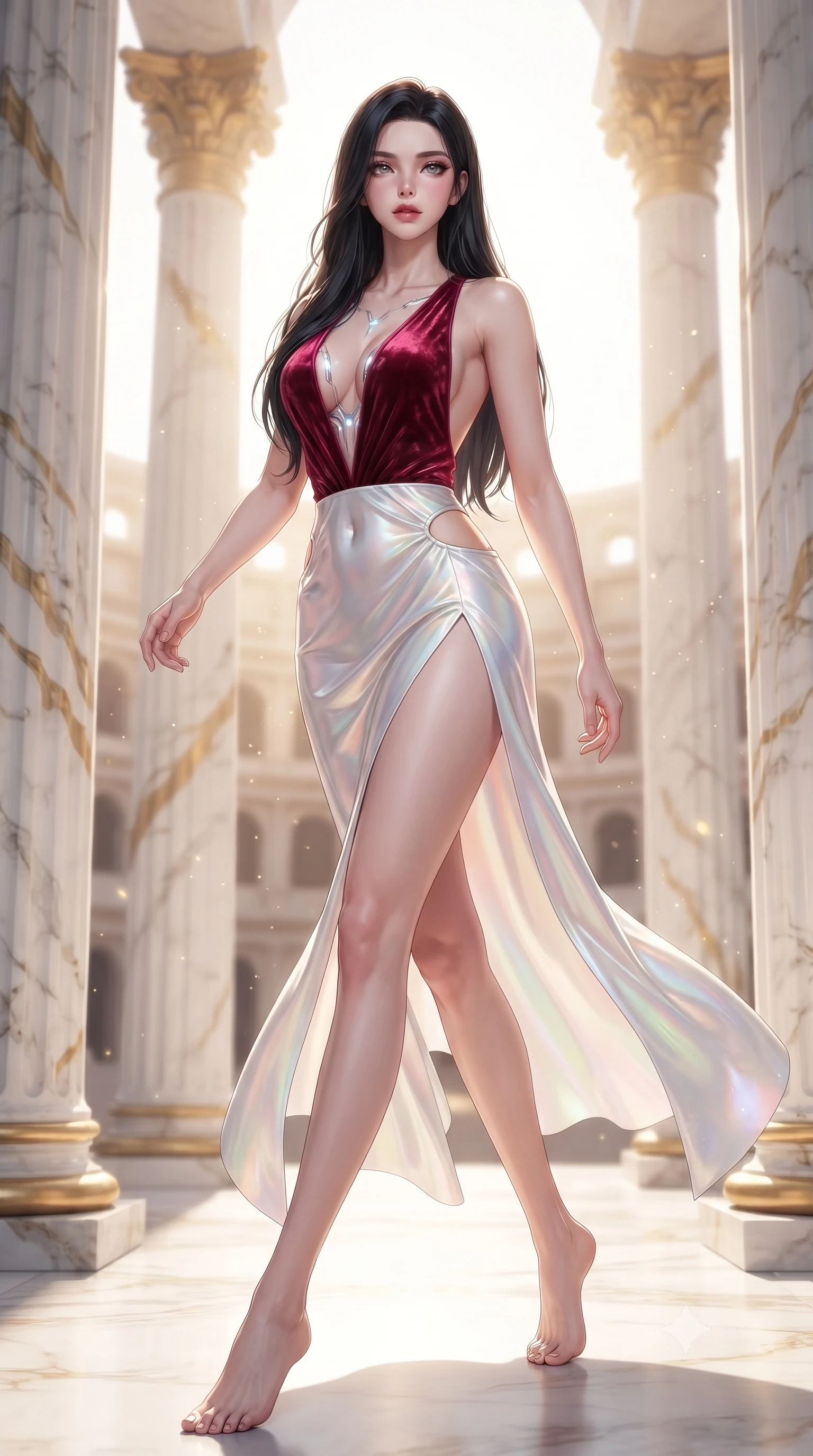 score_9, masterpiece, best quality, ultra-detailed, high-budget anime keyframe, editorial fashion photography, tasteful artistic composition, Korean woman. low angle full-body shot from head to toe showing her feet, filling the entire 9:16 vertical frame with her statuesque presence, stretching her vertical silhouette. pivoting dynamically in mid-motion with a breathtakingly alluring posture, displaying her flawless model proportions and ultra-slim waist while striding commanding between towering white and gold marble pillars in an ancient sun temple as bright morning rays illuminate her path. The composition keeps background elements in soft focus with creamy bokeh. sunlit colosseum tiers and floating golden dust motes softened in luminous shallow depth of field. She has an absolutely perfect, statuesque 8.5-heads proportion, an exceptionally tall and slender model-like female figure with impossibly long slender legs, a toned flat midriff, and an ultra-slim waist. sharp v-shaped jawline, high-bridge nose, intricate jewel-like eyes with depth, thick eyelashes, glossy lips with a natural sheen, flawlessly proportioned anatomical accuracy, strict slender model proportions, natural body alignment, perfectly sculpted long slender limbs, ultra-slim waistline, clean dynamic posture without body distortion. wearing a backless crimson crushed velvet gown with a deep plunging V-neckline, strategic hip cutouts, and an ultra-high thigh slit in glistening liquid pearl white with rainbow opalescence, made of smooth iridescent silk chiffon that shifts colors with movement, featuring a dangerously unzipped neckline framed by glowing cybernetic accents, the form-contouring material adhering flawlessly to her sculpted flat midriff and slender torso, emphasizing her long leg lines and perfectly proportioned willowy build. surrounded by a majestic, radiant, and intensely alluring solar goddess atmosphere. ultra-reflective glossy finish, specular highlights, metallic sheen, high-contrast stereoscopic depth, volumetric dynamic lighting, 2k, ultra detail, master piece, 9:16 ratio