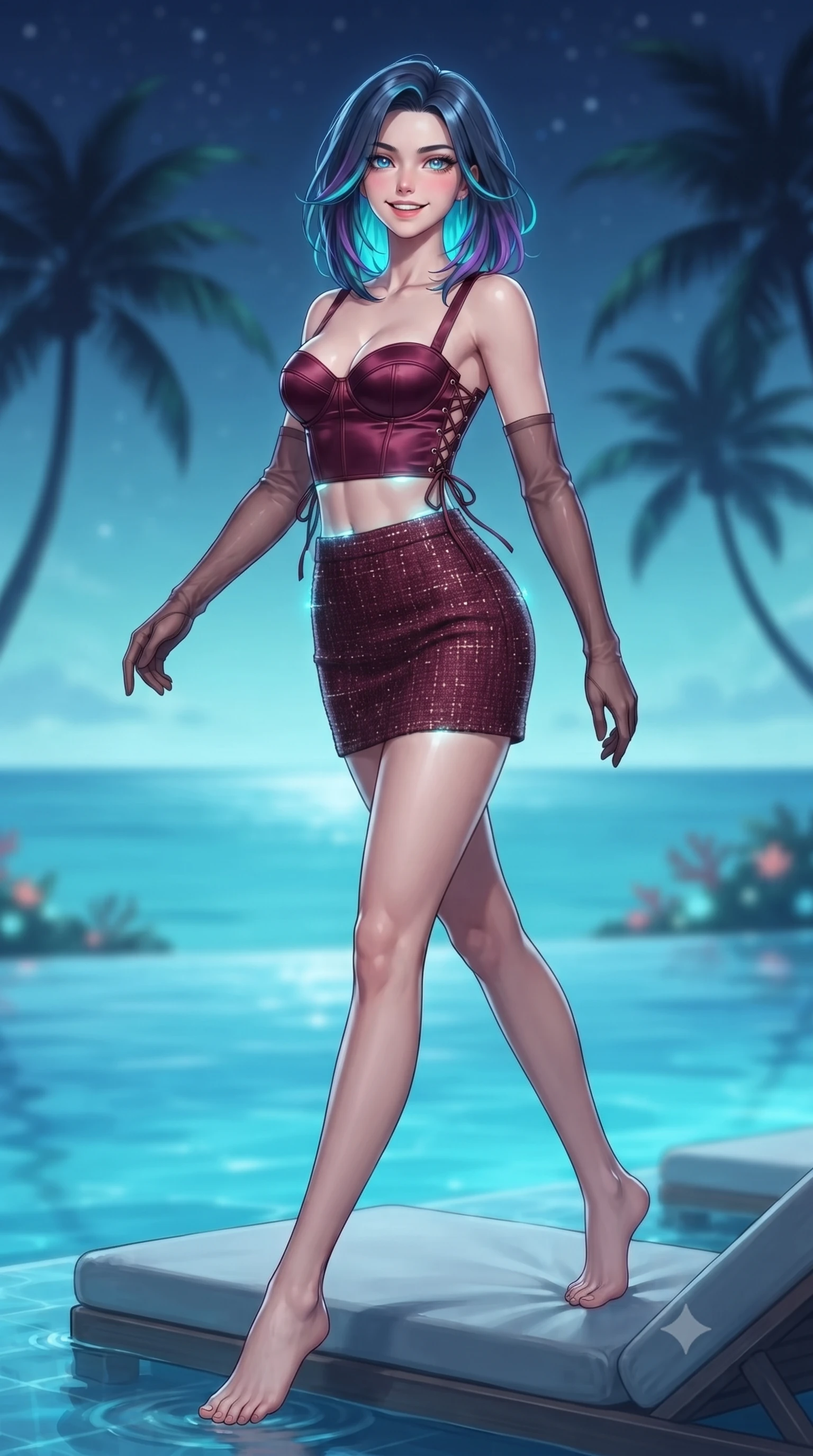 score_9, masterpiece, best quality, ultra-detailed, high-budget anime keyframe, editorial fashion photography, tasteful artistic composition, Caucasian woman. low angle full-body shot from head to toe showing her feet, filling the entire 9:16 vertical frame with her statuesque presence, stretching her vertical silhouette. stepping forward in a confident stride, her long slender legs and curvaceous hips creating a dynamic, sweeping vertical line while twisting her slender torso in an alluring contrapposto stance on the submerged sunbed, glowing pool lights wrapping around her flat midriff and hips. The background shows a soft-focus infinite turquoise ocean horizon, silhouettes of curved coconut palms against twilight stars, and coral reef breaks blurred into cyan, sapphire, and diamond bokeh. She has an exceptionally tall and slender model-like 8.5-heads proportion, an ultra-slim waist, a flat toned midriff, narrow delicate ribcage, and beautifully sculpted feminine hips creating a graceful, slim hourglass silhouette without any bulky heaviness, with impossibly long slender legs. sharp v-shaped jawline, high-bridge nose, intricate jewel-like sparkling eyes with depth, thick eyelashes, glossy parted lips with a natural peach sheen, bright cheerful beaming smile with an enchanting and coquettish sensual glint, exuding both youthful cute charm and seductive allure, flawlessly proportioned anatomical accuracy, strict slender model proportions, natural body alignment, perfectly sculpted long slender limbs, ultra-slim waistline, clean dynamic posture without body distortion. wearing a sculpted satin underwire crop bustier with lace-up side ties paired with a micro skirt in Franschhoek vineyard pinotage burgundy and oak honey, woven from structured British tweed with subtle metallic flecks, complemented by sheer opera-length evening gloves tracing her slender arms, the bespoke structured tailoring following the natural line of her 8.5-heads silhouette with refined elegance. illuminated by water surface specular bounce and sharp cyan-and-platinum dual rim lights sculpting her jawline, narrow waist, and curvy hips. ultra-reflective glossy finish, specular highlights, rich textural contrasts, high-contrast stereoscopic depth, volumetric dynamic lighting, 2k, ultra detail, master piece, 9:16 ratio