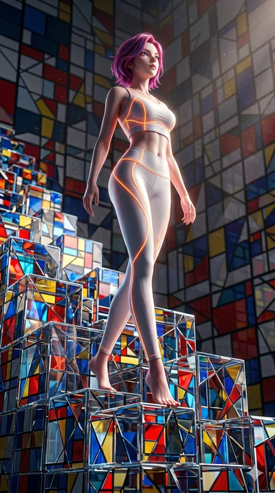 score_9, masterpiece, best quality, ultra-detailed, high-budget anime keyframe, Korean woman. low angle full-body shot filling the entire 9:16 frame with her statuesque presence, stretching the vertical silhouette. balancing on cubist glass blocks th