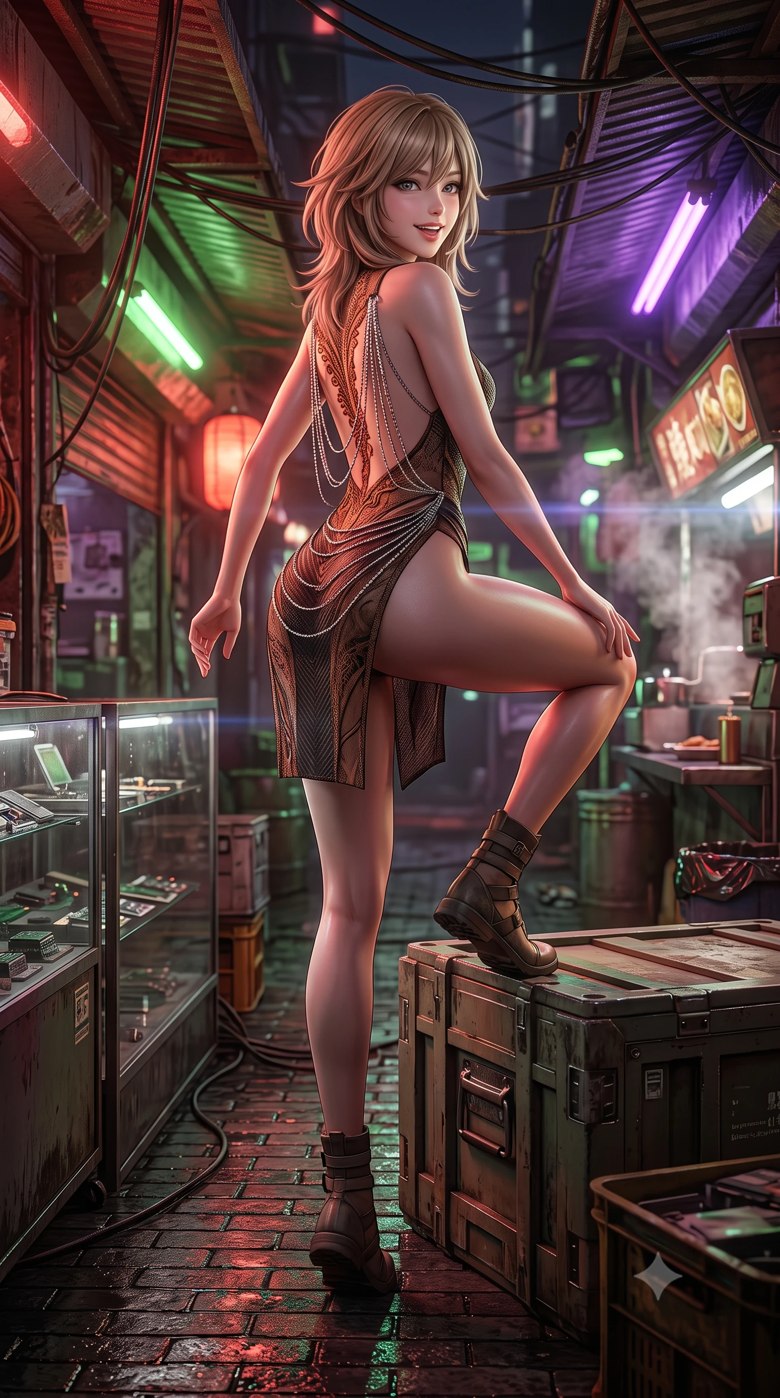 score_9, masterpiece, best quality, ultra-detailed, high-budget anime keyframe, semi-realistic 3D game render, editorial fashion photography, tasteful artistic composition, Japanese woman. low angle full-body shot from head to toe showing her feet, filling the entire 9:16 vertical frame with her statuesque presence, stretching her vertical silhouette. stepping forward in a confident stride, her long slender legs and curvaceous hips creating a dynamic, sweeping vertical line while sitting poised on the elevated industrial cargo crate with one knee bent, arching her back with playful warrior flair and parted glossy lips. The surrounding environment is rendered in vivid detail and crisp panoramic clarity: sharp wet brick textures, glass display case reflections with micro-chip components, and weathered cyberpunk cables in deep focus. She has an exceptionally tall and slender model-like 8.5-heads proportion, an ultra-slim waist, a flat toned midriff, narrow delicate ribcage, and beautifully sculpted feminine hips creating a graceful, slim hourglass silhouette without any bulky heaviness, with impossibly long slender legs. sharp v-shaped jawline, high-bridge nose, intricate jewel-like sparkling eyes with depth, thick eyelashes, glossy parted lips with a natural peach sheen, bright cheerful beaming smile with an enchanting and coquettish sensual glint, exuding both youthful cute charm and seductive allure, flawlessly proportioned anatomical accuracy, strict slender model proportions, natural body alignment, perfectly sculpted long slender limbs, ultra-slim waistline, clean dynamic posture without body distortion. wearing an alluring backless sheer lace combat leotard with high-cut leg openings and delicate fiber-optic embroidery framing her spine in Martian desert terracotta and dust-storm gold, woven from structured carbon-fiber jacquard with rich textural depth, accented with an open-back drape framed by falling strands of delicate chrome chains, the high-slit wrap tailoring accentuating her ultra-slim waistline and the enchanting curve of her feminine hips with alluring seductive charm. bathed in warm 2200K crimson lantern light combined with vibrant green and ultraviolet market stall tube lights. highly saturated vibrant anime colors, detailed shading with soft gradients, rich glossy textures, high-contrast stereoscopic depth, volumetric dynamic lighting, master piece, 9:16 ratio