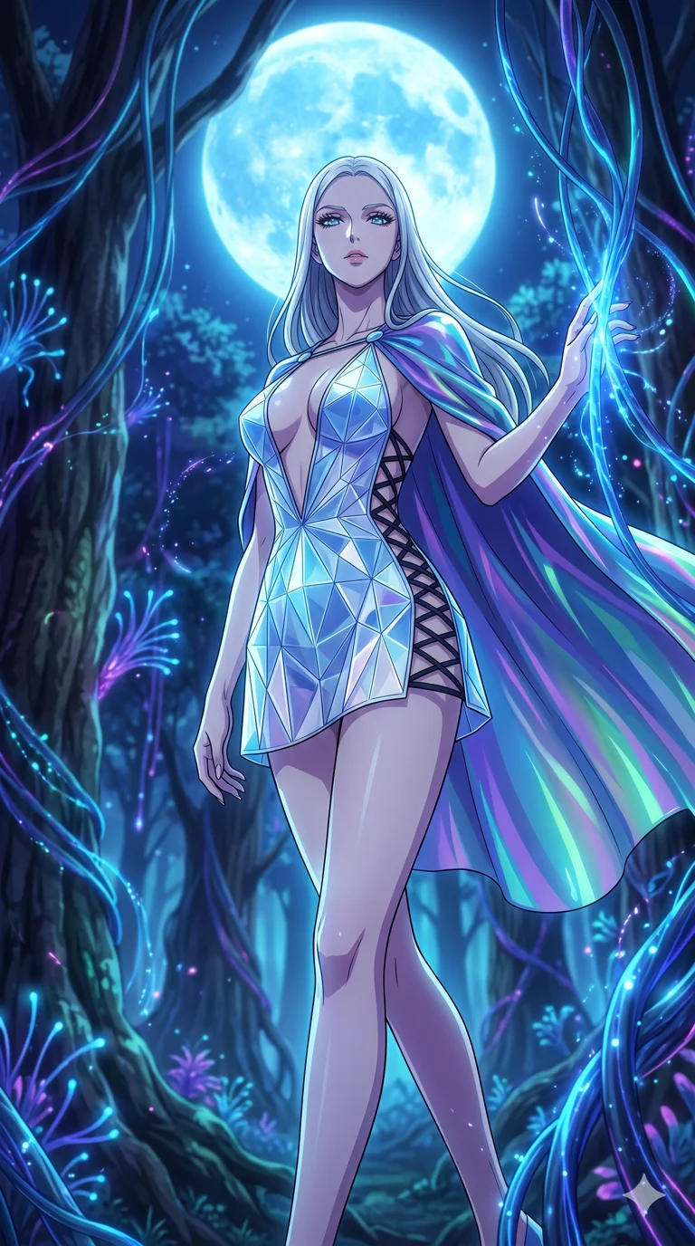score_9, masterpiece, best quality, ultra-detailed, High-budget Anime Keyframe, vibrant colors, fluid line-art, expressive lighting, cinematic composition, Ufotable-style visual effects, top-tier animation quality, Caucasian woman with pale skin and refined features. Low angle cowboy shot filling the entire 9:16 frame with her statuesque presence, looking up to emphasize her height. Walking through a forest of fiber-optic vines that react to her touch by glowing brighter. She has an absolutely perfect 8-heads proportion, an exceptionally tall and slender female figure with impossibly long slender legs and an ultra-slim waist, her statuesque height and towering silhouette dominating the vertical 9:16 frame. Her face is a masterpiece featuring a sharp v-shaped jawline, high-bridge nose, intricate jewel-like eyes with depth, thick eyelashes, and glossy lips with a natural sheen. She is wearing a Crystalline structure mini-dress with an iridescent vinyl cape, dangerous plunging neckline, and lace-up side panels.. The scene is set in a mystical grove under a giant glowing moon that illuminates the fiber-optic flora. 2k, ultra detail, master piece, 9:16 ratio