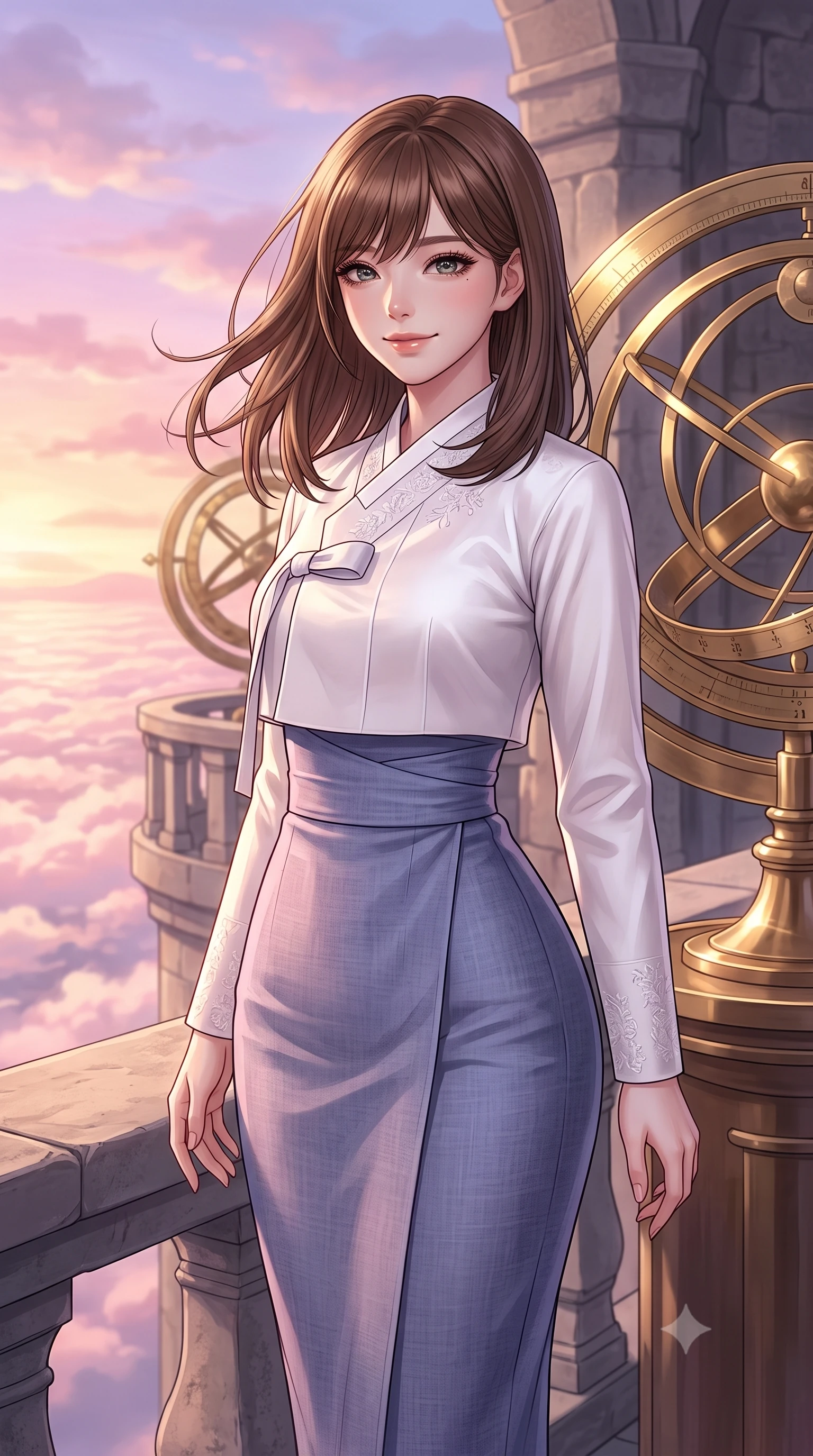 score_9, masterpiece, best quality, ultra-detailed, high-budget anime keyframe, editorial fashion photography, tasteful artistic composition, Korean woman. close-up cowboy shot from the waist and thighs up, the character dominates the composition, filling the frame with her large presence, background elements kept in soft focus. Gently tilting her head with a serene, peaceful smile of quiet happiness. set against a soft-focus background of standing on the balcony of an ancient stone observatory with rotating brass astrolabes, looking out over a sea of pink-tinted clouds. She has an exceptionally elegant, slender, and willowy female figure with a highly-defined ultra-slim waist, a gracefully sculpted slender torso, and a refined slim-fit silhouette that contours her form. sharp v-shaped jawline, high-bridge nose, intricate jewel-like eyes with depth, thick eyelashes, glossy lips with a natural sheen. wearing a modern fusion Hanbok with a white silk cropped jeogori and a form-fitting pale indigo linen wrapped skirt. warm dawn light reflecting off the brass instruments, painting the sky in pastel hues of pink and gold. 2k, ultra detail, master piece, 9:16 ratio