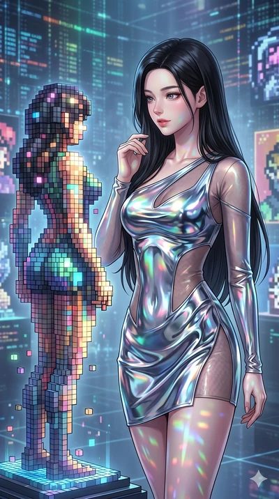 score_9, masterpiece, best quality, ultra-detailed, high-budget anime keyframe, Korean woman. Upper body close-up from the thighs up, character filling the screen for maximum presence. Inside a virtual reality gallery, next to a pixel art statue, obs