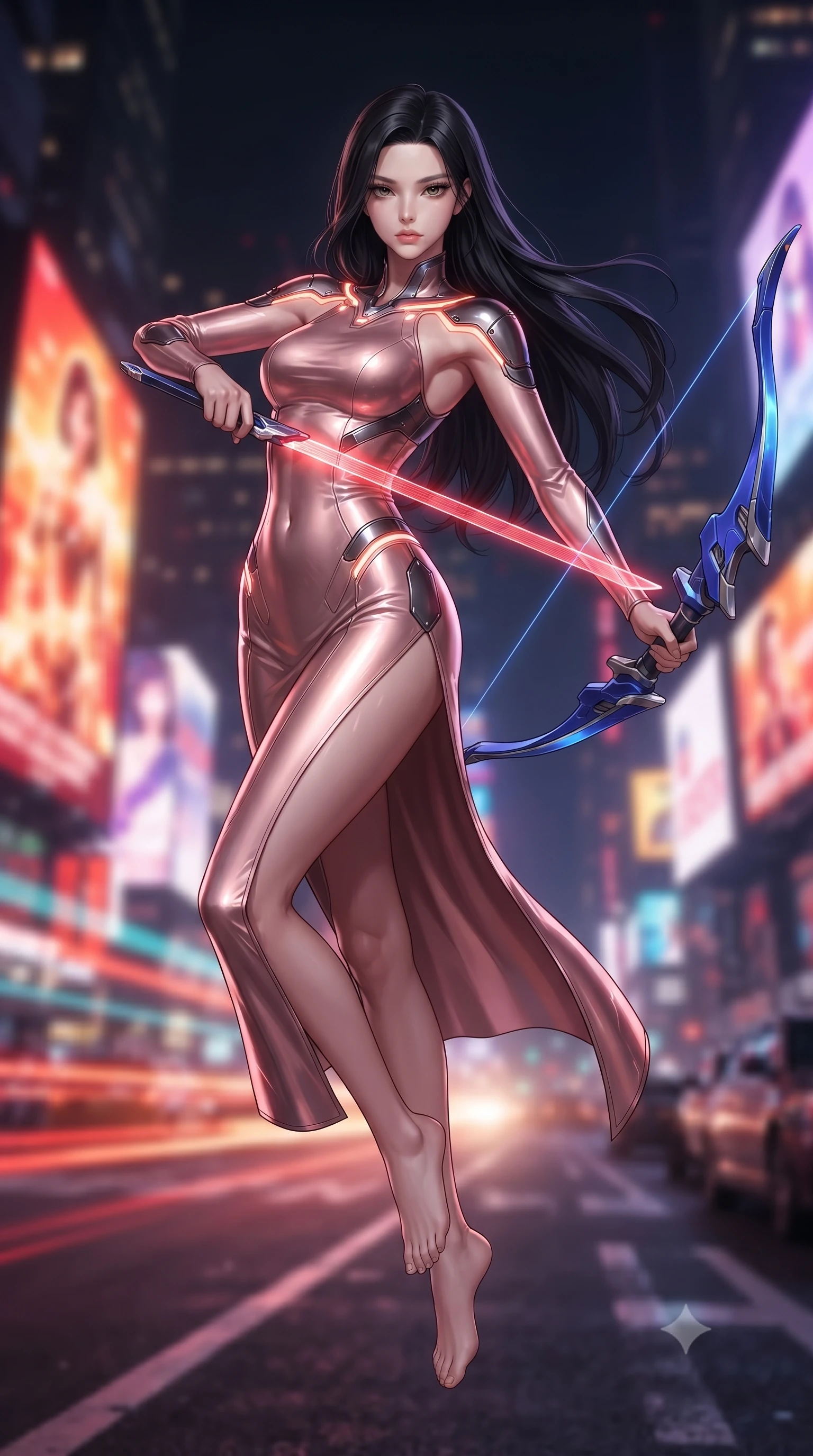 score_9, masterpiece, best quality, ultra-detailed, high-budget anime keyframe, editorial fashion photography, tasteful artistic composition, Korean woman. low angle full-body shot from head to toe showing her feet, filling the entire 9:16 vertical frame with her statuesque presence, stretching her vertical silhouette. performing an alluring mid-air combat landing with flawless poise, looking directly into the camera with regal, deadly intensity while arching her spine in a fluid vault over a holographic toll barrier as crimson blade light traces her athletic torso. The composition keeps background elements in soft focus with creamy bokeh. streaking cyber-traffic light trails and giant holographic billboards blurred into dazzling crimson, amber, and violet bokeh. She has an absolutely perfect, statuesque 8.5-heads proportion, an exceptionally tall and slender model-like female figure with impossibly long slender legs, a toned flat midriff, and an ultra-slim waist. sharp v-shaped jawline, high-bridge nose, intricate jewel-like eyes with depth, thick eyelashes, glossy lips with a natural sheen, flawlessly proportioned anatomical accuracy, strict slender model proportions, natural body alignment, perfectly sculpted long slender limbs, ultra-slim waistline, clean dynamic posture without body distortion. wearing a form-fitting luminous rose-gold carbon combat gown with tactical side slits, wielding a floating magnetic energy bow with celestial poise in electric cobalt blue carbon with polished platinum trim, made of liquid carbon-jersey fabric adhering flawlessly to her sculpted silhouette, accented with glowing fiber-optic conduits tracing her collarbones and hip curves, the sleek second-skin cut tightly hugging her graceful clavicle, narrow waist, and feminine curves with athletic precision. illuminated by sharp specular highlights tracing her ultra-slim waist, long legs, and sculpted armor plates. ultra-reflective glossy finish, specular highlights, dark metallic sheen, high-contrast stereoscopic depth, volumetric dynamic lighting, 2k, ultra detail, master piece, 9:16 ratio