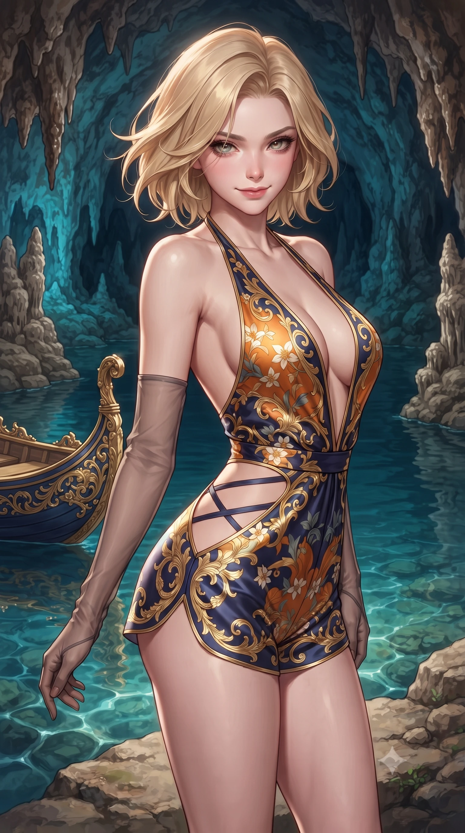 score_9, masterpiece, best quality, ultra-detailed, high-budget anime keyframe, editorial fashion photography, tasteful artistic composition, Caucasian woman. close-up cowboy shot from the waist and thighs up, the character dominates the composition, filling the frame with her large presence. turning slowly with an enchanting smoldering smile, her glossy hair tossing in the breeze as her hips angle gracefully in a captivating contrapposto while standing poised on the natural stone ledge beside the subterranean heated lake beneath illuminated artificial stalactites, arching her spine with mythological siren grace. The surrounding environment is rendered in vivid detail and crisp panoramic clarity: sharp limestone dripstone textures, intricate gold-leaf scrollwork on the royal shell boat, and crystal-clear cave water caustics in deep focus. She has an exceptionally elegant, slender, and willowy female figure with an ultra-slim waist, flat toned midriff, narrow ribcage, and sculpted feminine hips creating an alluring, slim hourglass silhouette without bulk. sharp v-shaped jawline, high-bridge nose, intricate jewel-like sparkling eyes with depth, thick eyelashes, glossy parted lips with a natural peach sheen, bright cheerful beaming smile with an enchanting and coquettish sensual glint, exuding both youthful cute charm and seductive allure, flawlessly proportioned anatomical accuracy, strict slender model proportions, natural body alignment, perfectly sculpted long slender limbs, ultra-slim waistline, clean dynamic posture without body distortion. wearing a daring low-cut halterneck romper with exposed midriff and strappy hip cutouts in Seville orange blossom gold and midnight moorish indigo, crafted from fluid liquid silk satin that clings smoothly to her narrow waist and rounded hips with a dewy sheen, complemented by sheer opera-length evening gloves tracing her slender arms, the high-slit wrap tailoring accentuating her ultra-slim waistline and the enchanting curve of her feminine hips with alluring seductive charm. bathed in the magical theatrical 3500K sapphire-and-emerald electric arc illumination designed for King Ludwig II's private opera performances. ultra-reflective glossy finish, specular highlights, rich textural contrasts, high-contrast stereoscopic depth, volumetric dynamic lighting, 2k, ultra detail, master piece, 9:16 ratio