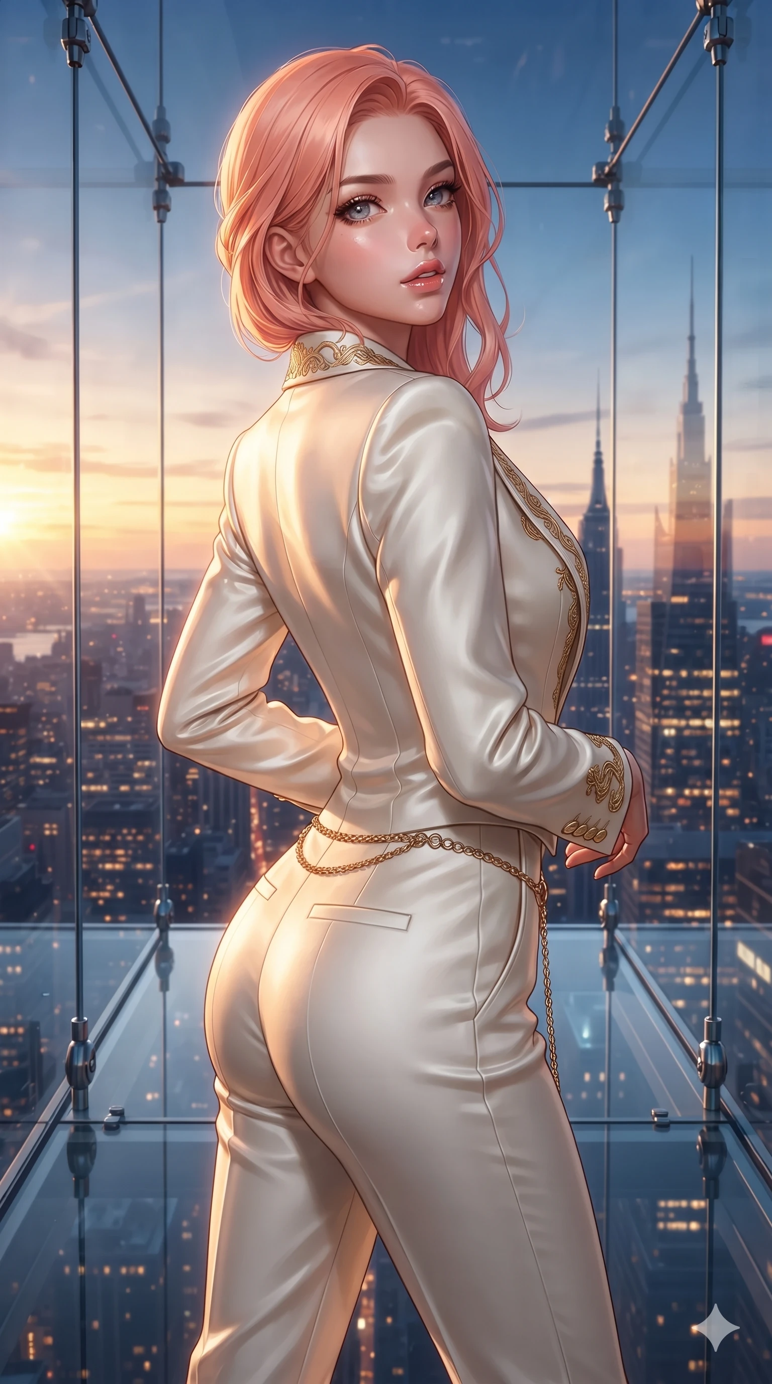 score_9, masterpiece, best quality, ultra-detailed, high-budget anime keyframe, editorial fashion photography, tasteful artistic composition, Japanese woman. close-up cowboy shot from the waist and thighs up, the character dominates the composition, filling the frame with her large presence. posing in an alluring rear three-quarter angle, looking over a bare shoulder with parted glossy lips, her hips cocked back to highlight her slim hourglass curve while twisting her slender torso in an alluring contrapposto stance, shimmering city light reflections tracing her narrow waist and curvy hips through the transparent floor. The surrounding environment is rendered in vivid detail and crisp panoramic clarity: sharp glass floor structural seams, polished steel cable tensioners, and crisp distant architectural spires in deep focus. She has an exceptionally elegant, slender, and willowy female figure with an ultra-slim waist, flat toned midriff, narrow ribcage, and sculpted feminine hips creating an alluring, slim hourglass silhouette without bulk. sharp v-shaped jawline, high-bridge nose, intricate jewel-like sparkling eyes with depth, thick eyelashes, glossy parted lips with a natural sheen, intensely captivating and seductive bedroom-eyes expression, exuding both youthful cute charm and sovereign luxury allure, flawlessly proportioned anatomical accuracy, strict slender model proportions, natural body alignment, perfectly sculpted long slender limbs, ultra-slim waistline, clean dynamic posture without body distortion. wearing a bespoke Venetian tailored pantsuit in liquid ivory silk with golden filigree embroidery tracing the lapels in celestial porcelain white and rose-gold, woven from high-density tech-wool with subtle metallic thread weave, accented with a delicate gold chain belt resting loosely on her curvy hips, the bespoke structured tailoring following the natural line of her 8.5-heads silhouette with refined elegance. bathed in the dramatic dual twilight lighting: warm golden sunset rays from the classical west and cool vibrant neon from the futuristic east. ultra-reflective glossy finish, specular highlights, rich textural contrasts, high-contrast stereoscopic depth, volumetric dynamic lighting, 2k, ultra detail, master piece, 9:16 ratio